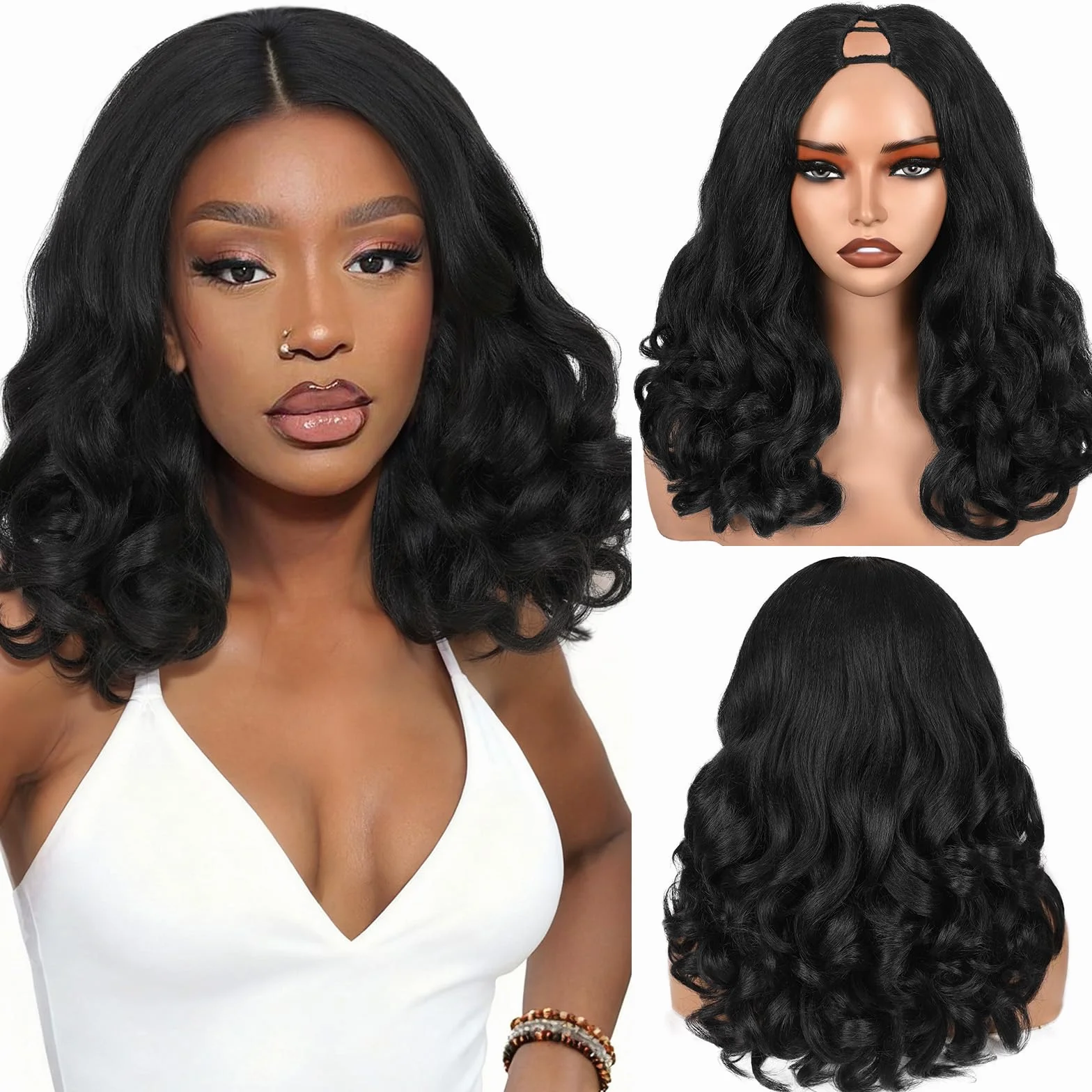 WIGNEE Perruque V Part Bouclée 46 cm – Yaki Synthétique Résistante à la Chaleur, Noir Naturel, Demi-Perruque Légère, Mélange Invisible pour Usage Quotidien
