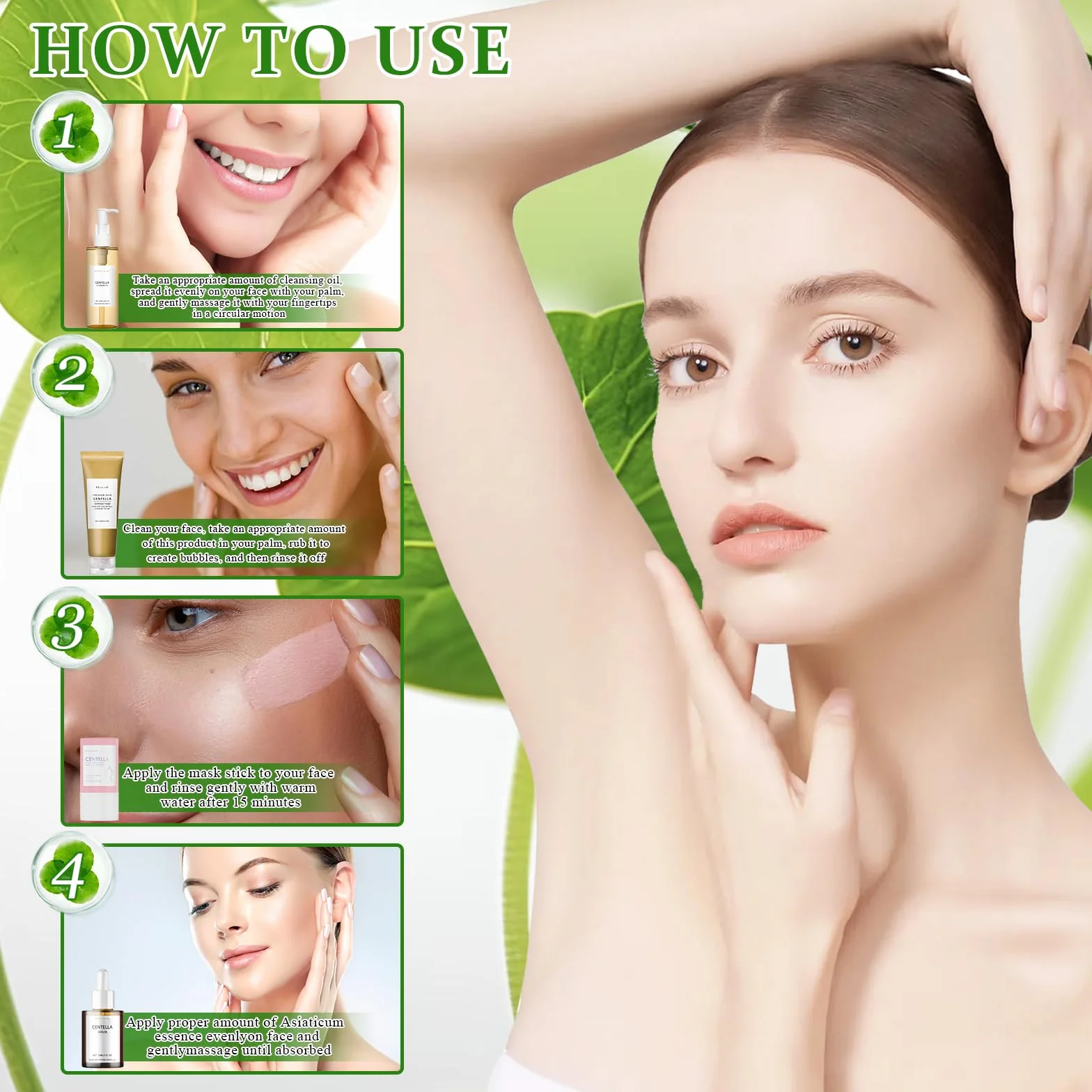 Centella Kit 4 Pièces, Centella Cleansing Oil + Nettoyant Visage + Serum + Stick Mask, Skincare Kit pour Peaux Sensibles