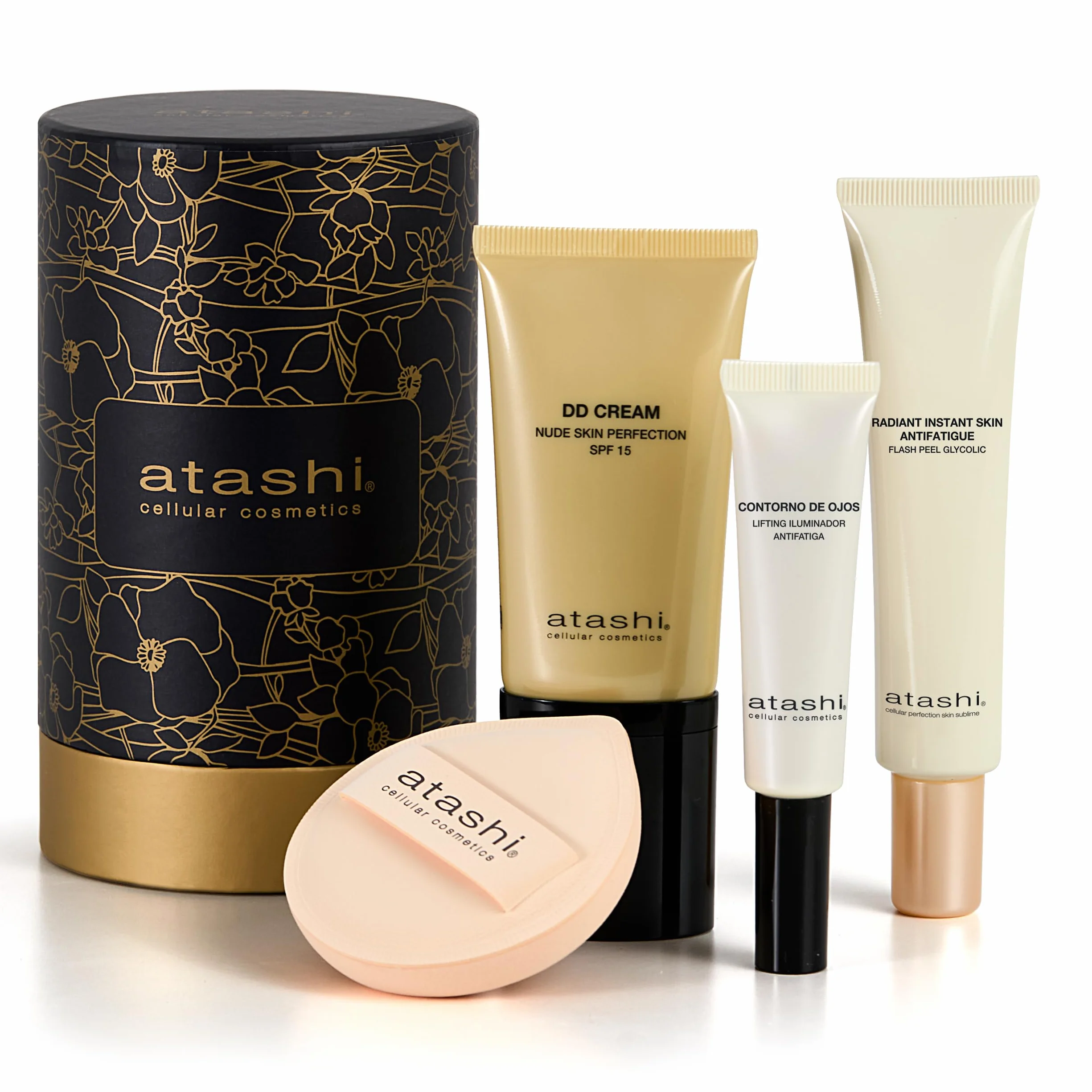 Atashi - Coffret Rituel No Make Up-Make Up - Crème DD Teint Moyen (50ml) + Contour des Yeux Illuminateur (15ml) + Exfoliant Radiant Skin (40ml) + Éponge de Maquillage