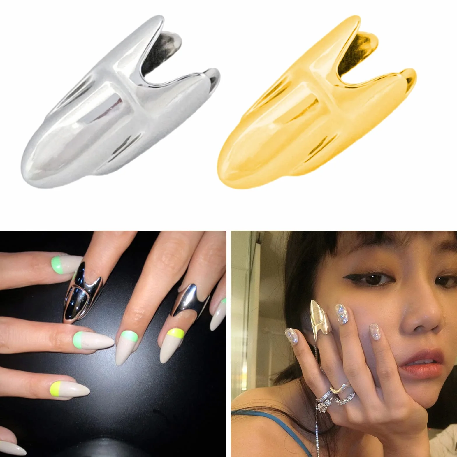 Anneaux d'ongle Y2k réglables en alliage pour femmes, bagues du bout des doigts or
