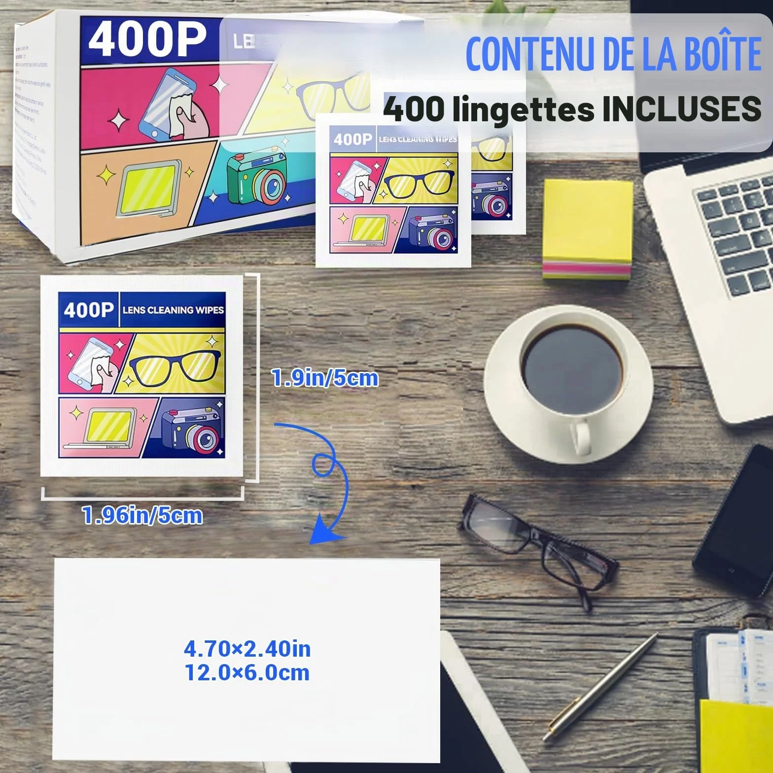 Lingettes nettoyantes pour lunettes lot de 400, emballées individuellement, pré-humidifiées pour lentilles, appareils photo, téléphones