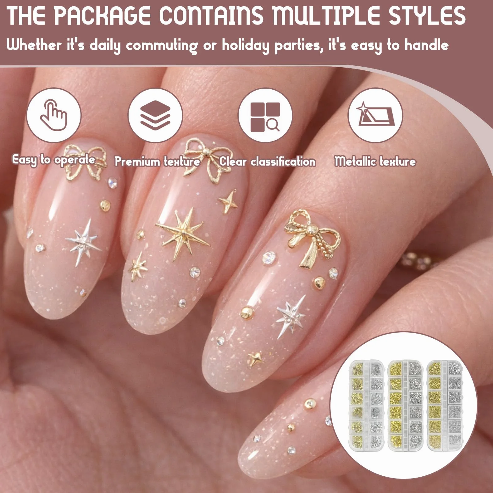 Kit Nail Art Strass Ongle Lot de 3 Boîtes 36 Types Étoile Dorée Argentée Perles Pince à Épiler