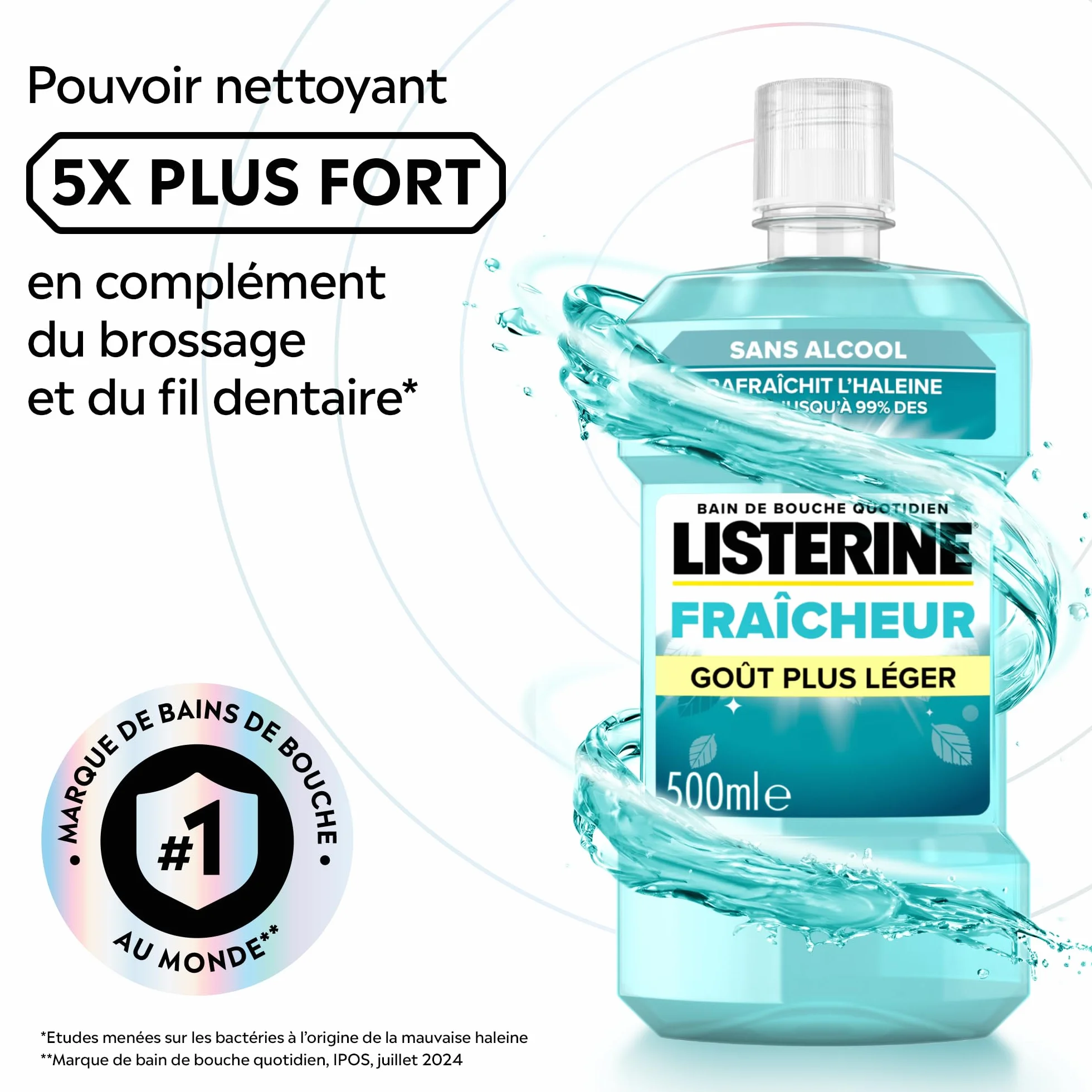 Listerine Bain de Bouche Fraîcheur Goût Plus Léger 0% Alcool 500 ml Soin bucco-dentaire quotidien sans alcool