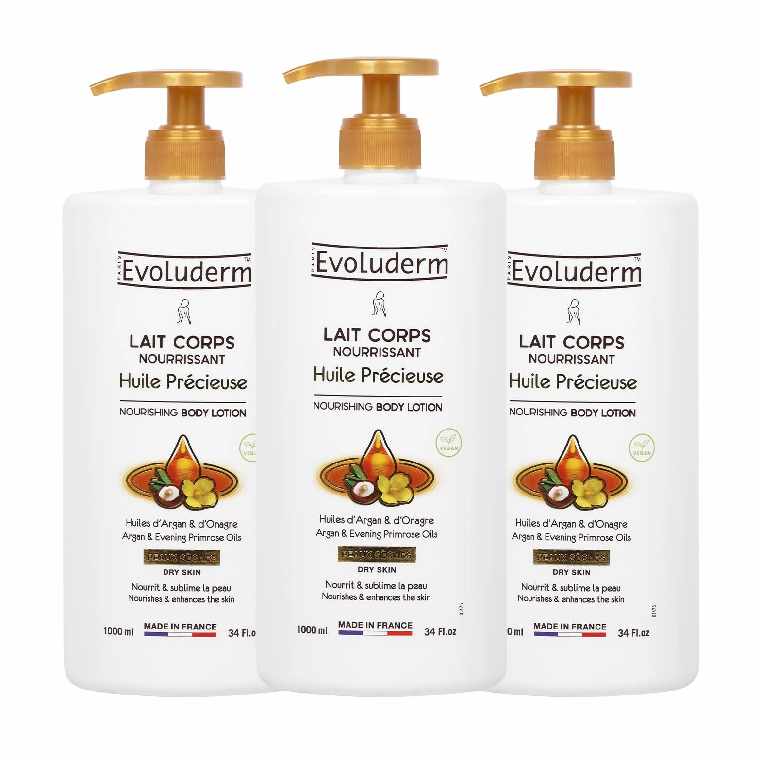 EVOLUDERM - Lait Corps Ultra-Nourrissant Huile Précieuse - 1000 ml - Ingrédients d'Origine Naturelle - Végan - Fabrication Française - Lot de 3 x 1000 ml