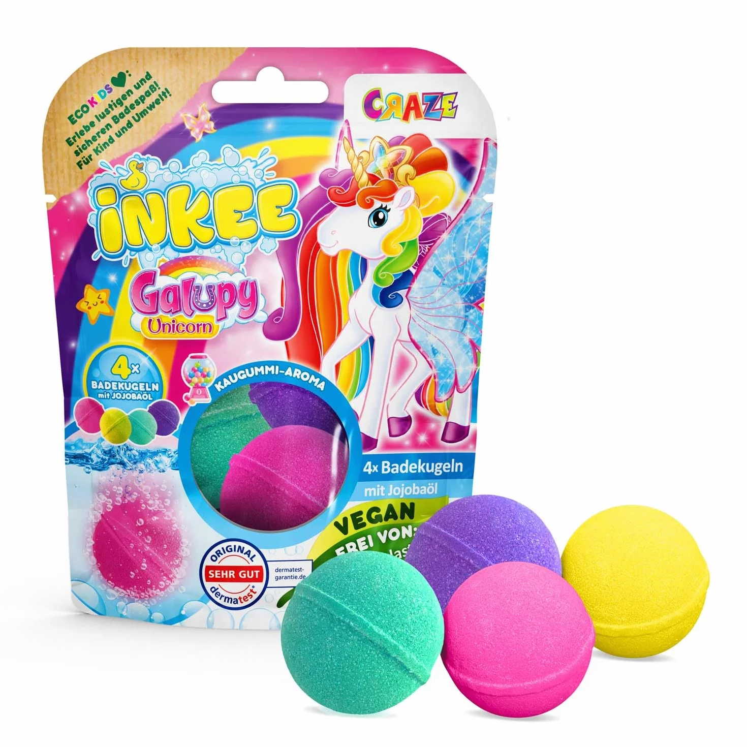 INKEE GALUPY UNICORN Pack de 4 Bombes de bain enfant 4 couleurs parfum Chewing-gum huile Jojoba 4x50g