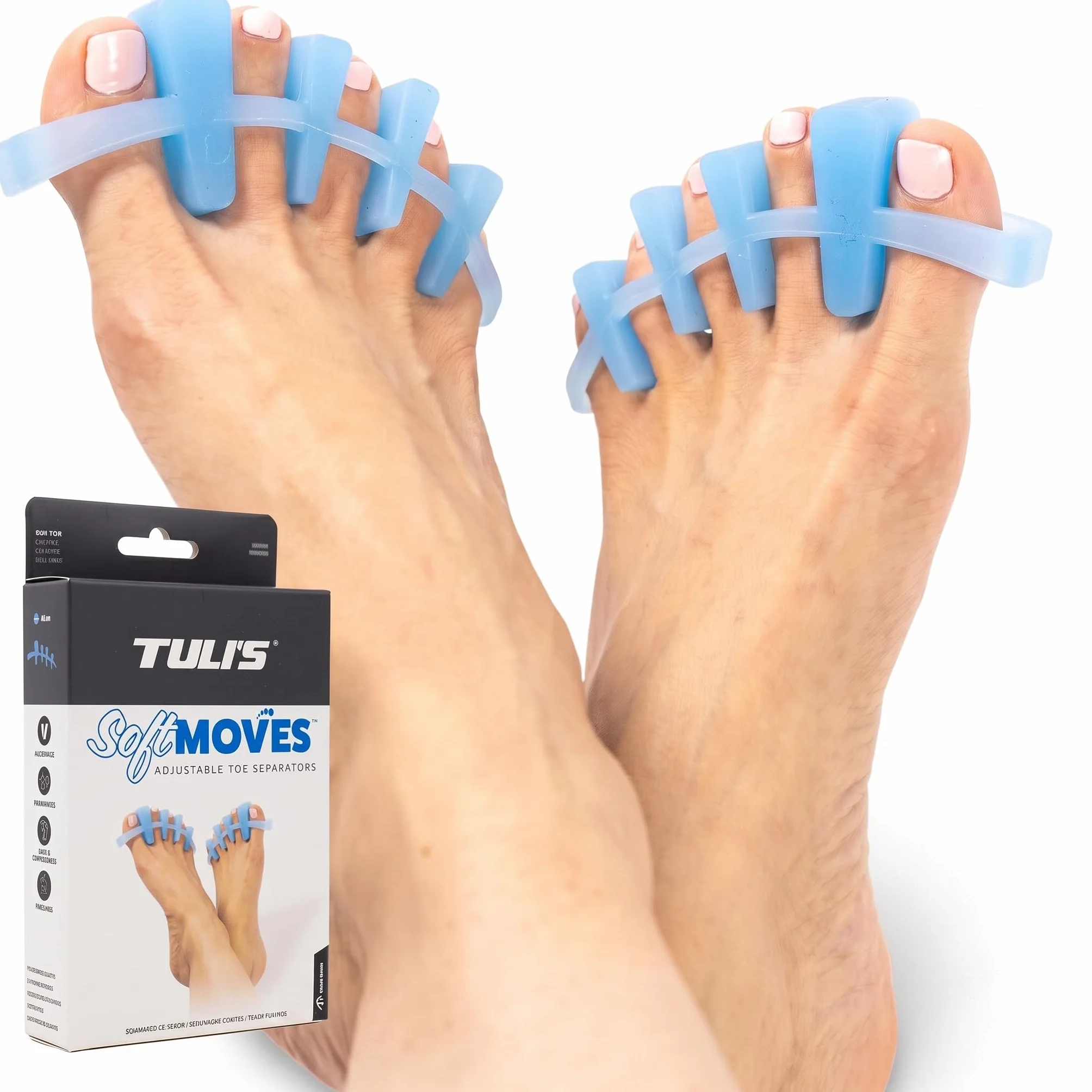 Tuli's Soft Moves – Séparateurs d'Orteils Réglables en Silicone Souple – Alignement, Oignons, Orteils en Marteau, Fasciite Plantaire et Névrome de Morton – Taille Unique, Bleu
