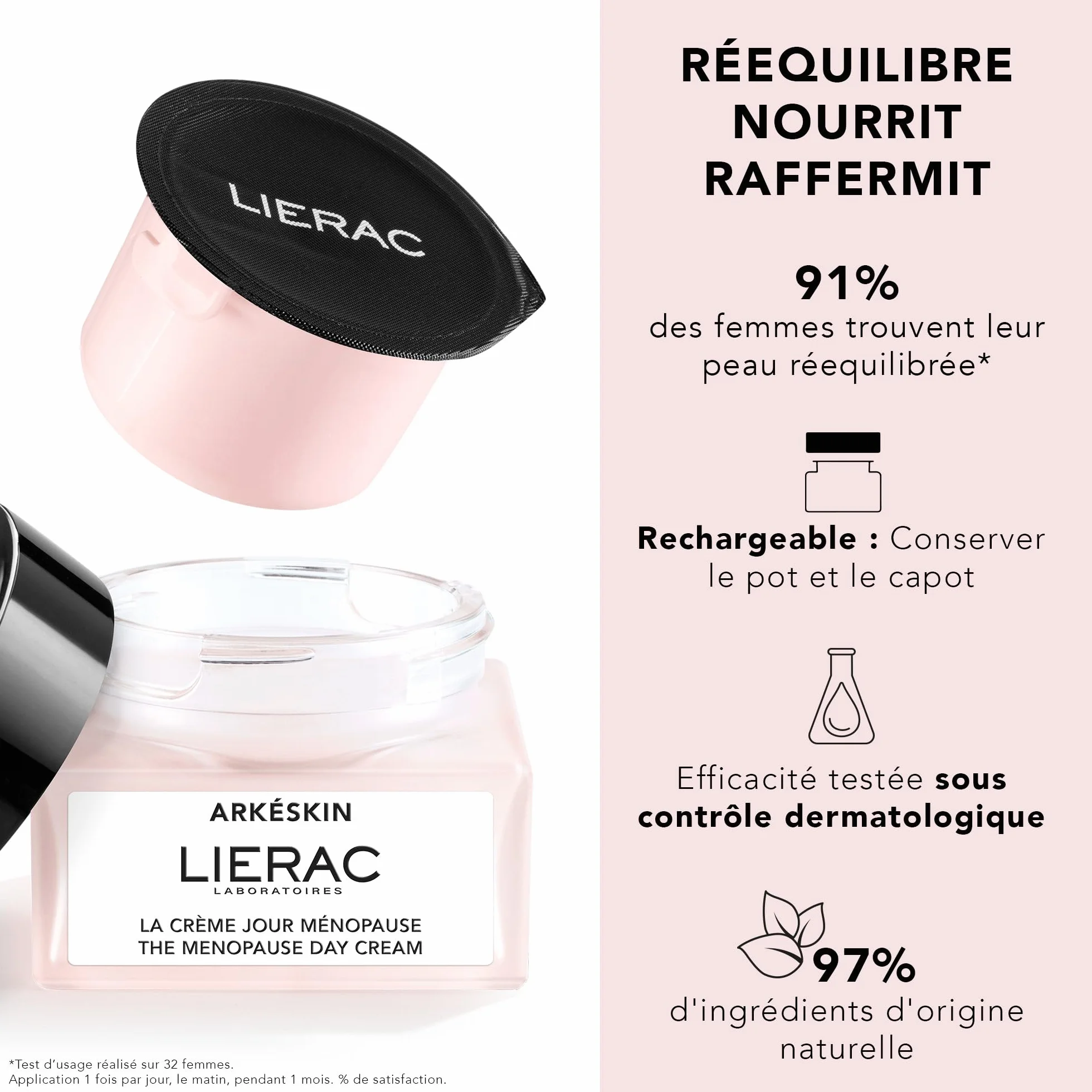 Liérac - Arkéskin - Recharge Crème de Jour Ménopause - Crème Visage Femme Corrigeant les Signes de la Ménopause - Bio-Peptide Jour et Acide Hyaluronique - Nourrissante et Raffermissante
