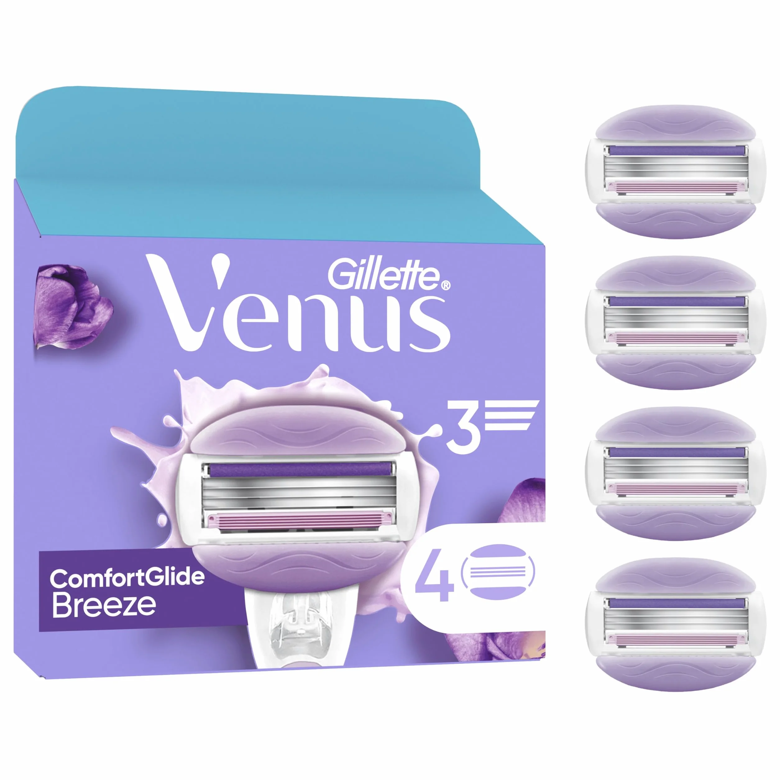 Gillette Venus Lames de Rasoir Femme ComfortGlide Breeze Pack de 4 Rechanges Cartouche Gel Parfumé Bande Lubrifiante Mousse Rase 30 Jours
