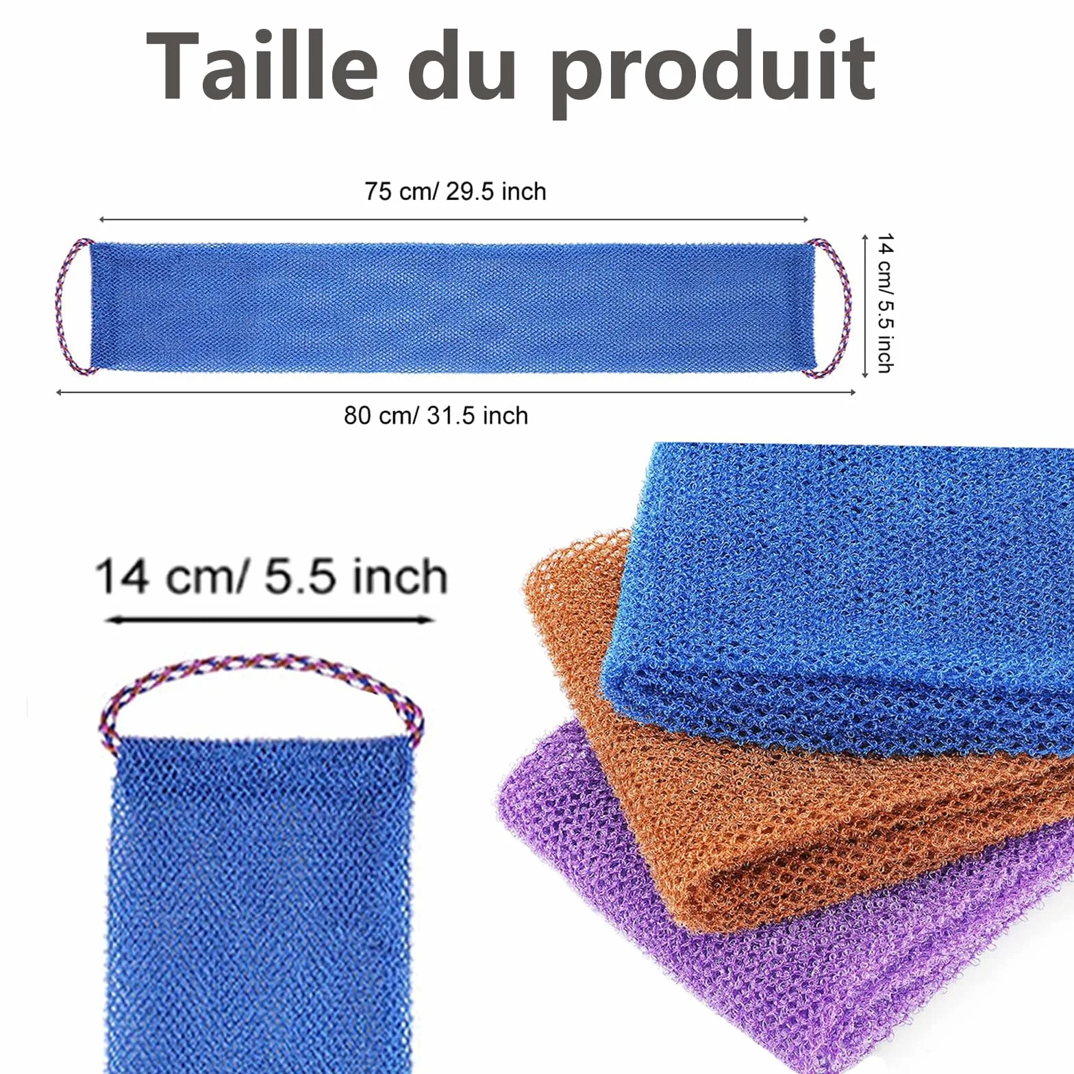 Filet de Bain éponge Exfoliante Gommage Corps 3 Pcs Doux Durable Bleu Violet Marron