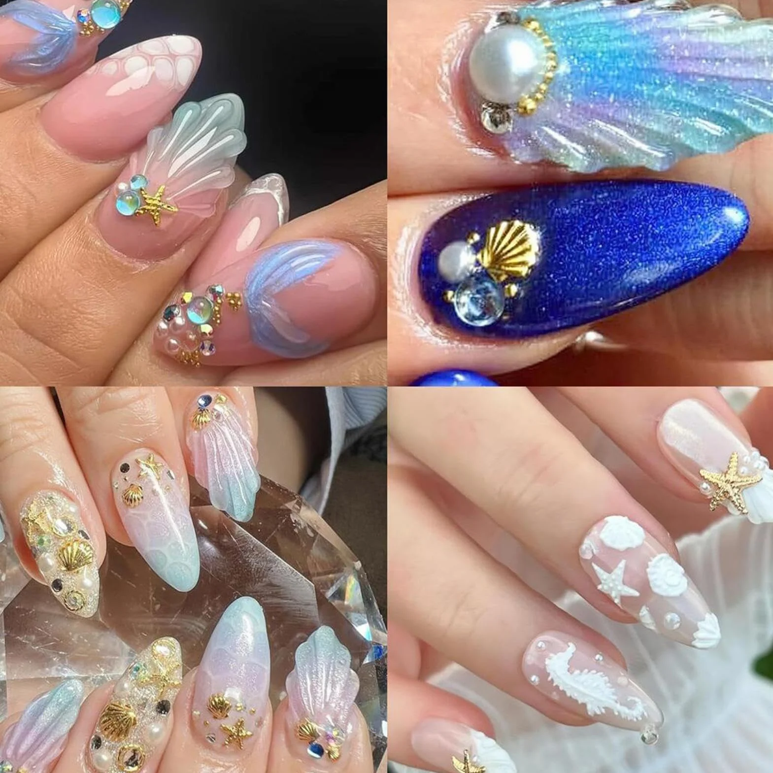 Kit de Manucure Strass Thème Mer, Charmes 3D Perles Coquilles Étoiles pour Ongles