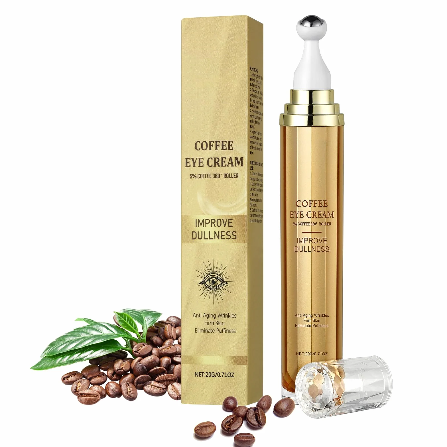 Sérum Crème Yeux à La Caféine 360° Ice Rolling Sphere Anti-Cernes & Rides 5% Caféine Acide Hyaluronique Niacinamide Peptides Hydratation 72h Contour des Yeux