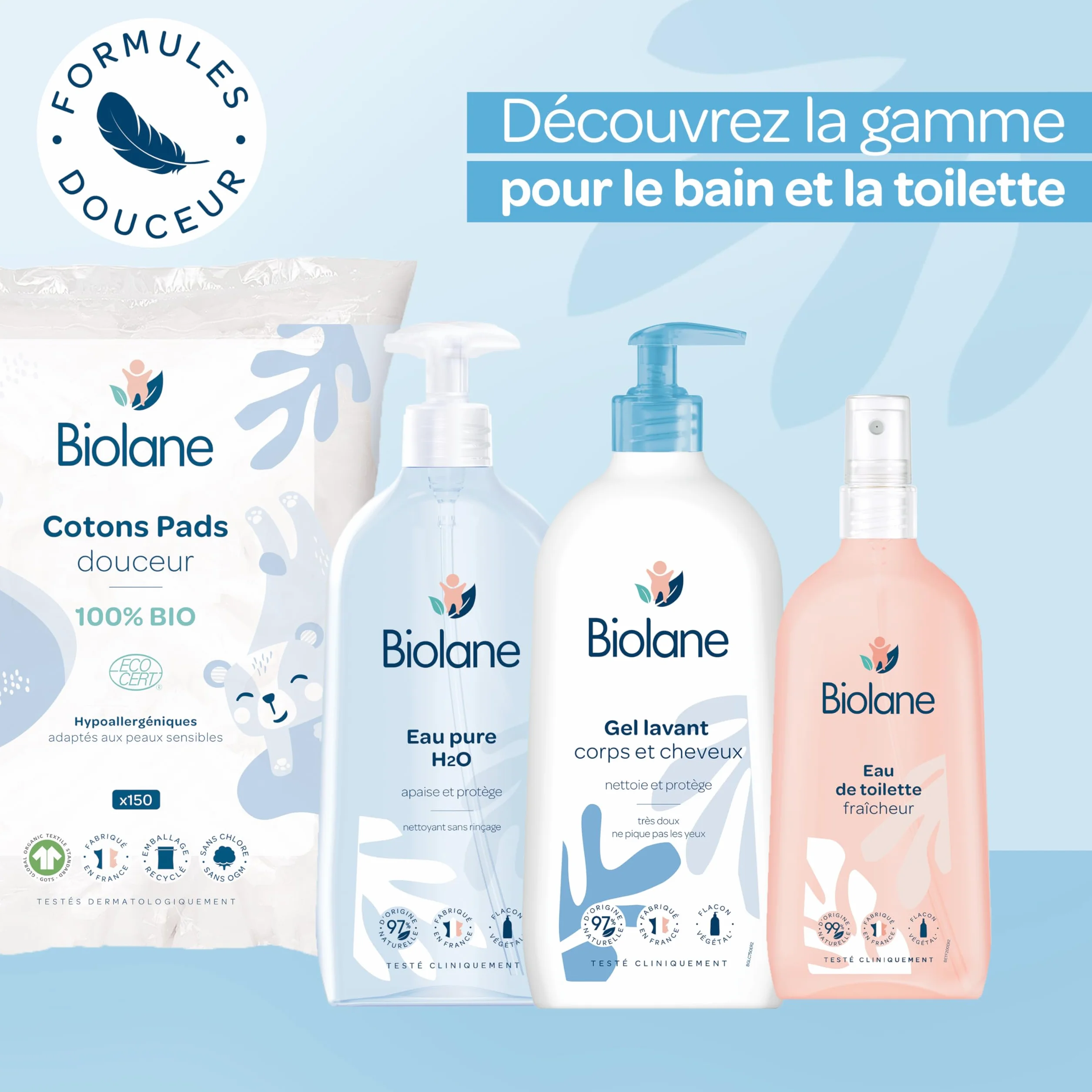BIOLANE Lot de 3 Cotons pads douceur Bébé 100% Bio 150 Cotons Peaux sensibles Fabriqués en France