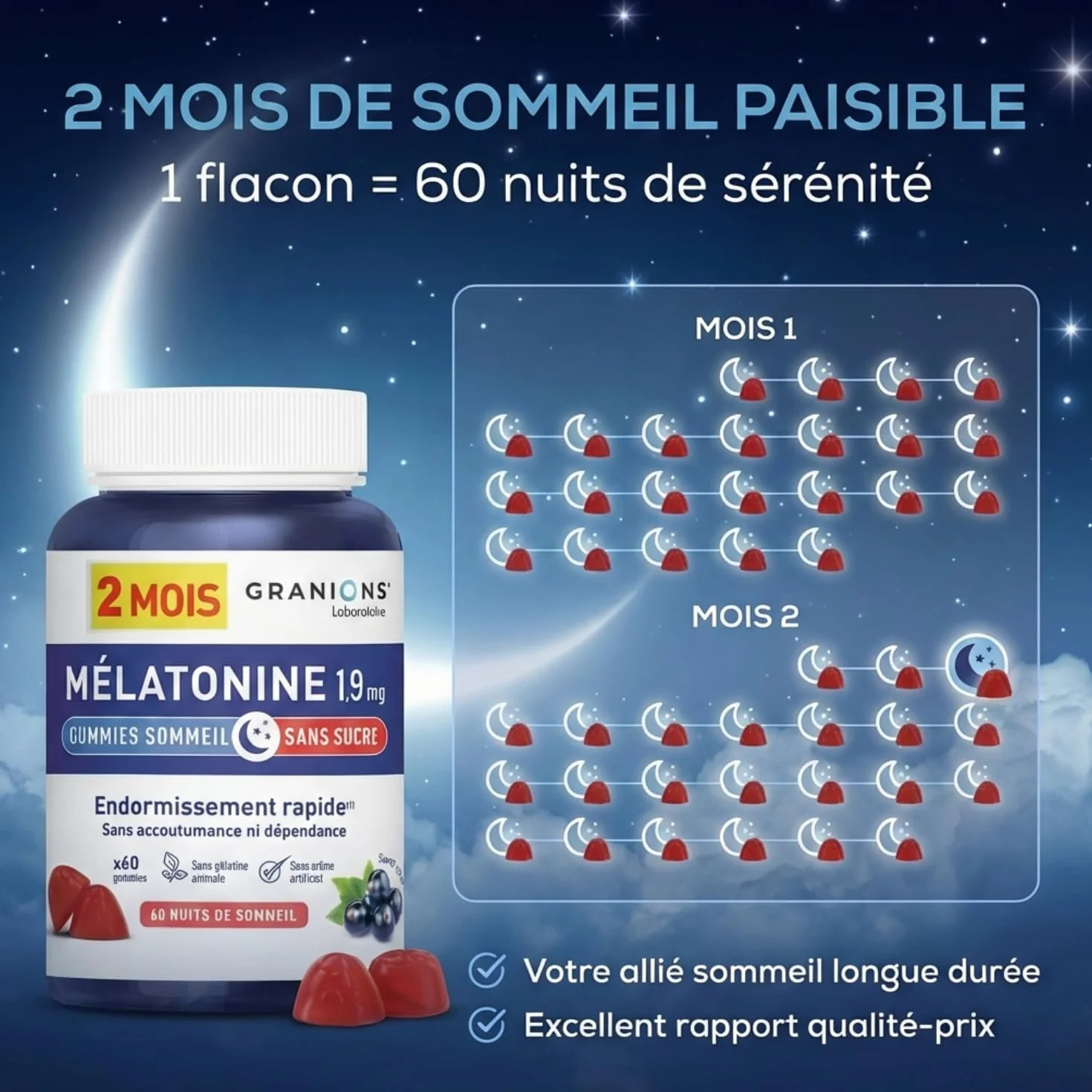 GRANIONS Gummies Sommeil Melatonine 1,9 mg Complément Alimentaire Adulte Vegan Sans Sucres 60 Gummies