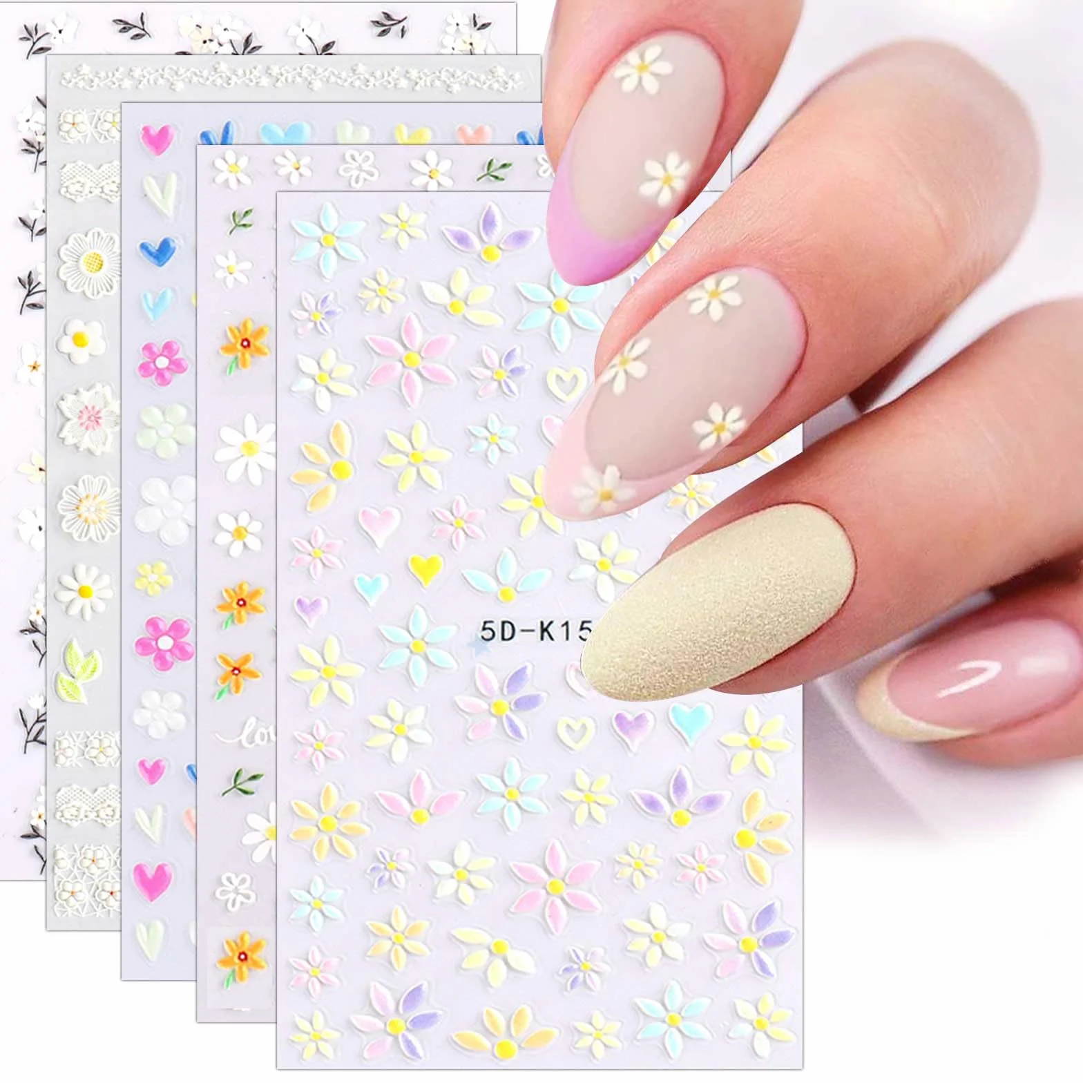 3D Fleur Stickers Ongles Nail Art Autocollants Autoadhésif 5D Deco Ongle Manucure 5 Feuilles