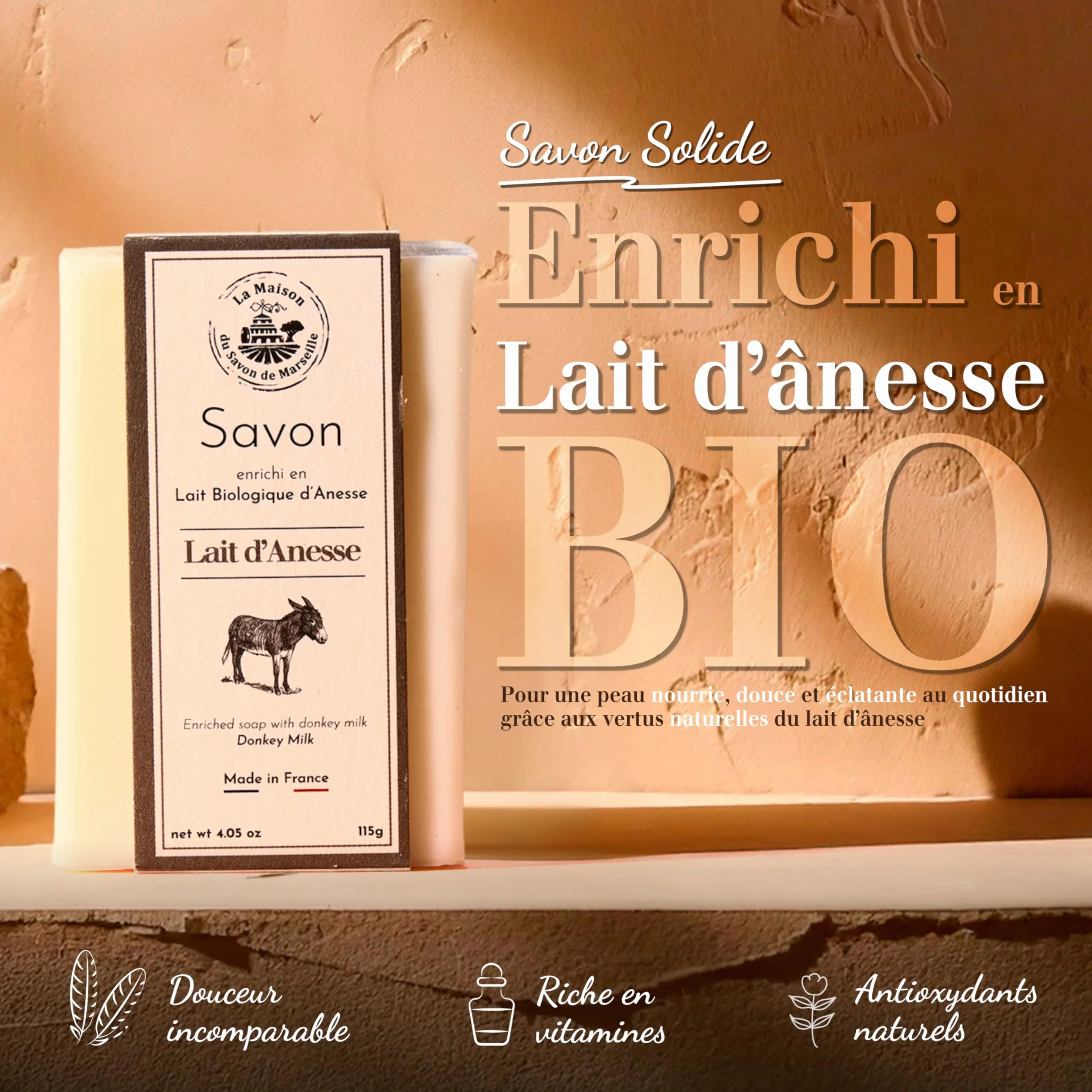 Savon au Lait d'Anesse Bio 115g - Naturel à 98% - Savon Corps et Visage - Fabriqué en Provence