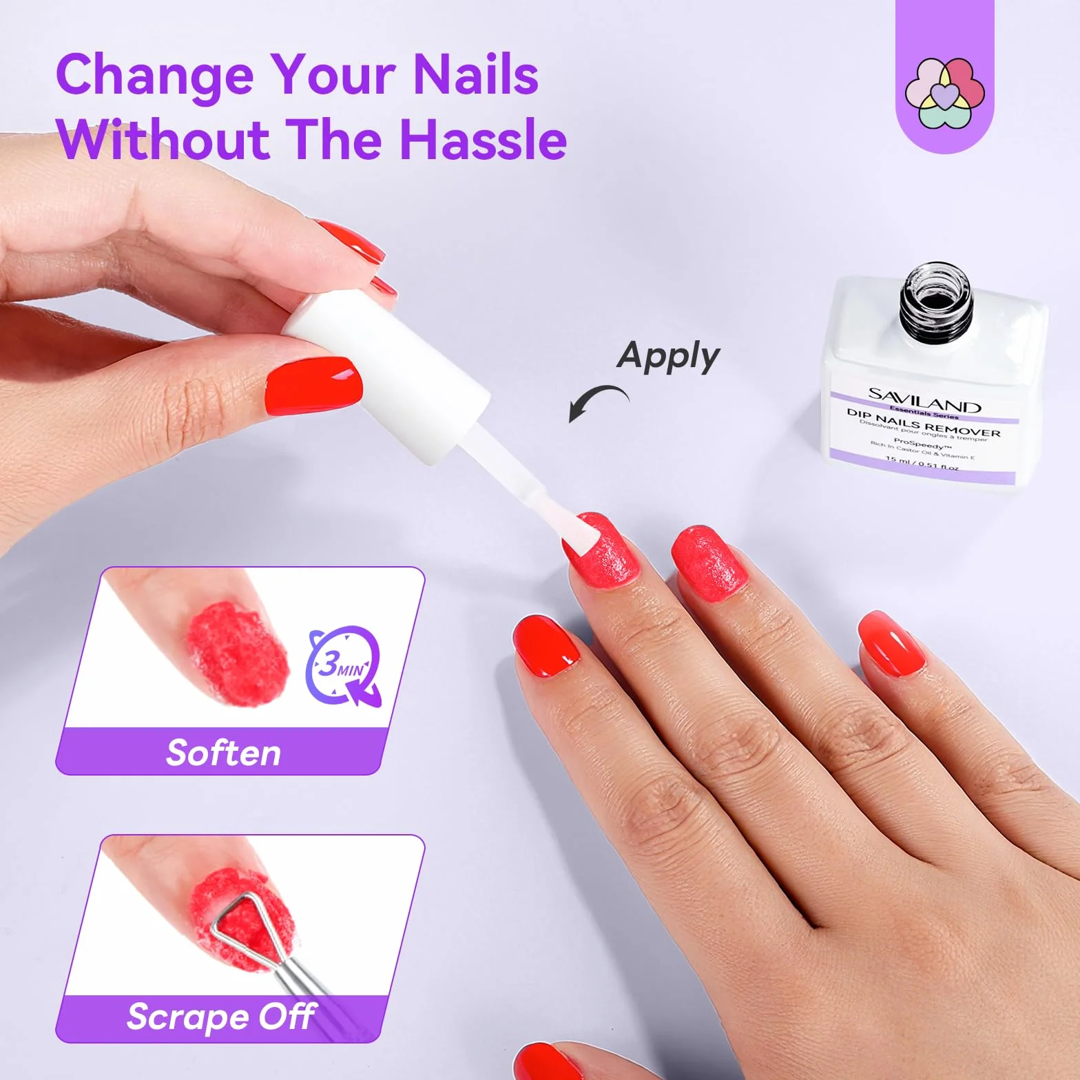 SAVILAND Dissolvant pour Ongles en Poudre Dip 2 Flacons Pro Retrait Rapide avec Huile Cuticule et Lime