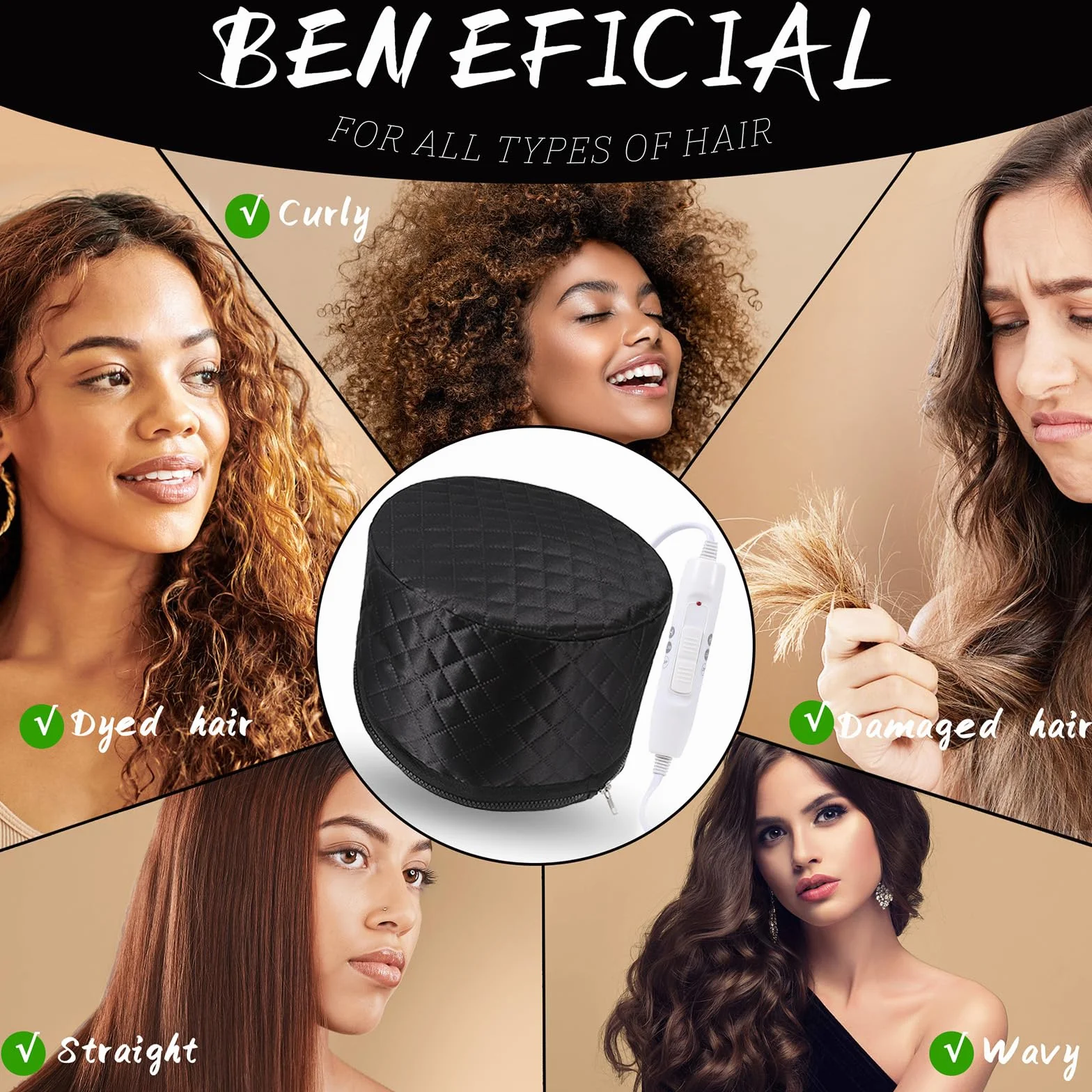 Casque Chauffant Cheveux Vapeur Soin - casque vapeur cheveux Afro Bouclés Bonnet Masque Capillaire Salon Hair Cap Spa Maison Proteine Coloration Sèche Cheveux Pro Électrique (noir)