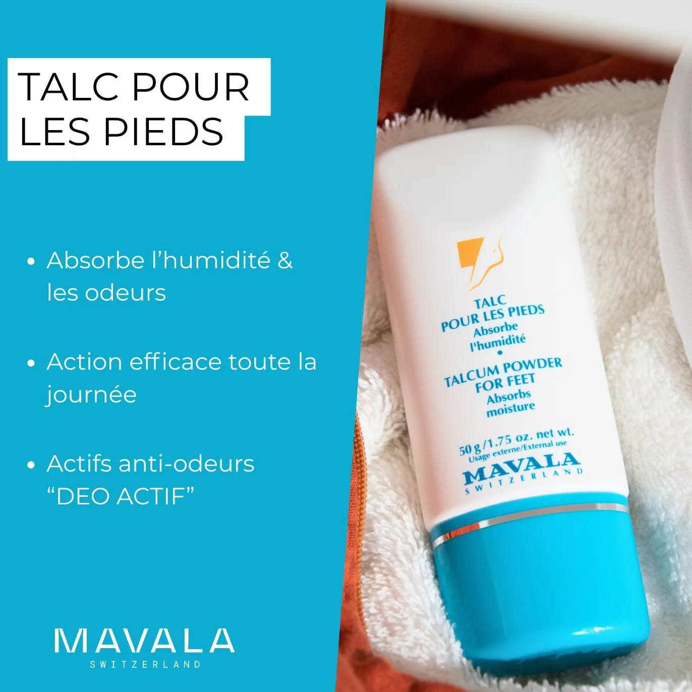 Mavala Talc pour les Pieds Absorption de l'Humidité Poudre Longue Durée Anti-Odeur 50g