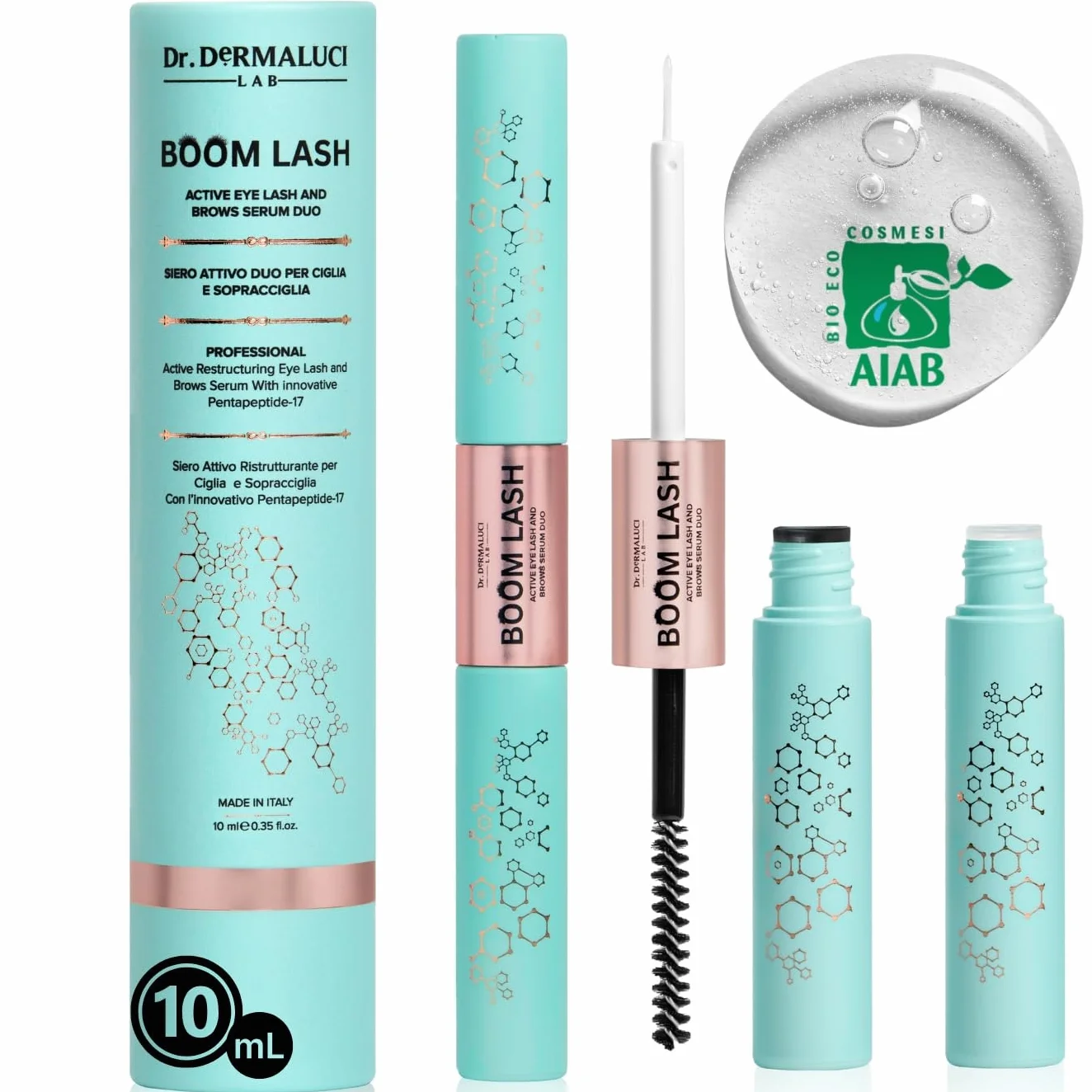 Dr. Dermaluci Lab Sérum Cils et Sourcils Croissance Naturelle Sans Hormones - Fortifiant, Allongeant - Avec Pentapeptides, Biotine, Acide Hyaluronique & Vitamine C - 10ml XXL, BIO, Yeux Sensibles