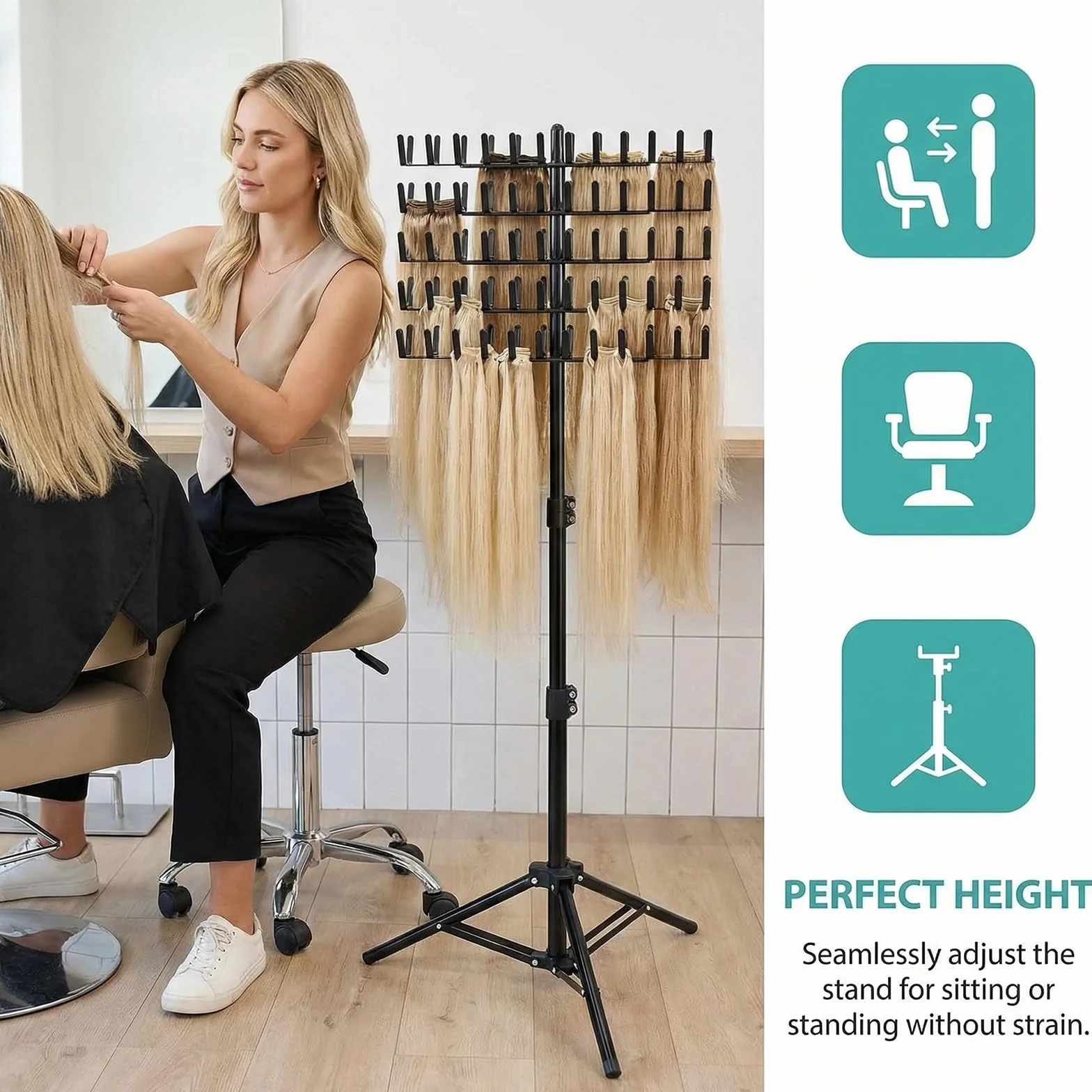 Support de Perruque Réglable avec 144 Crochets, Porte-Extensions de Cheveux pour Tresses et Braids, Support Suspendu à Hauteur Réglable pour Coiffeur et Salon