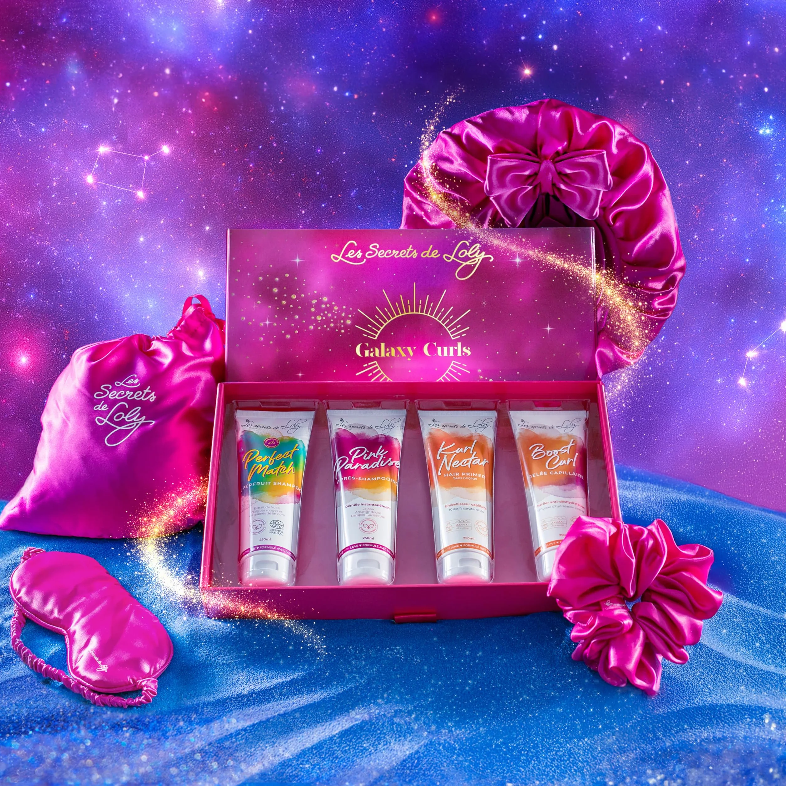 Coffret de Noël Bouclés Les Secrets De Loly Routine Complète 4 Produits + 3 Accessoires Satin Hydratation Intense Définition Cheveux Bouclés Formule Naturelle 97% Galaxy Curls
