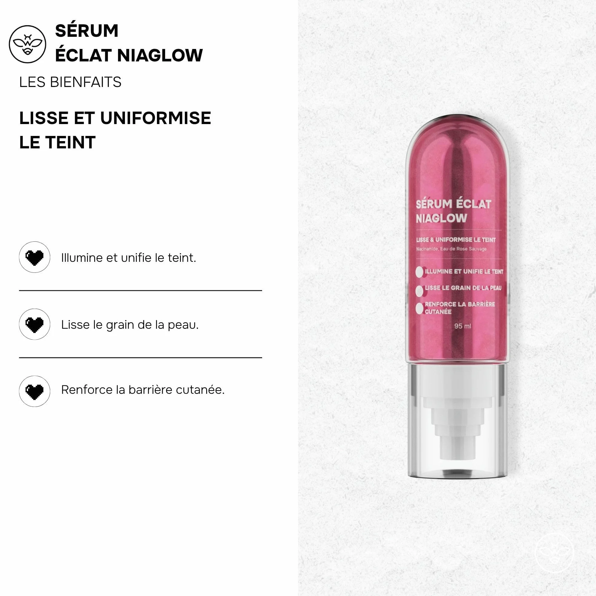 Sérum Éclat NiaGlow - Soin de la Peau Illuminateur de Teint - Lisse le Grain de Peau - Peaux à Imperfection - Niacinamide, Eau de Rose Sauvage - Korean Cosmetic Research - 95 ml