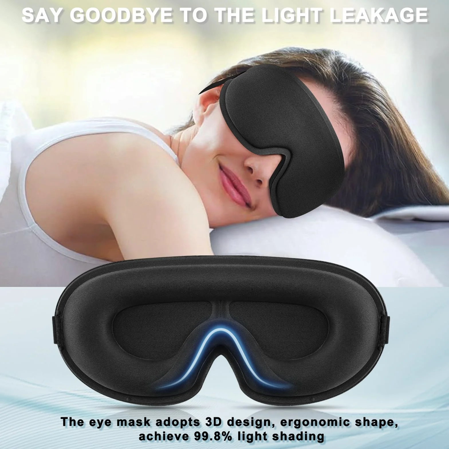 Masque de Nuit 3D Anti-Lumière Respirant, Élastiques Réglables Noir