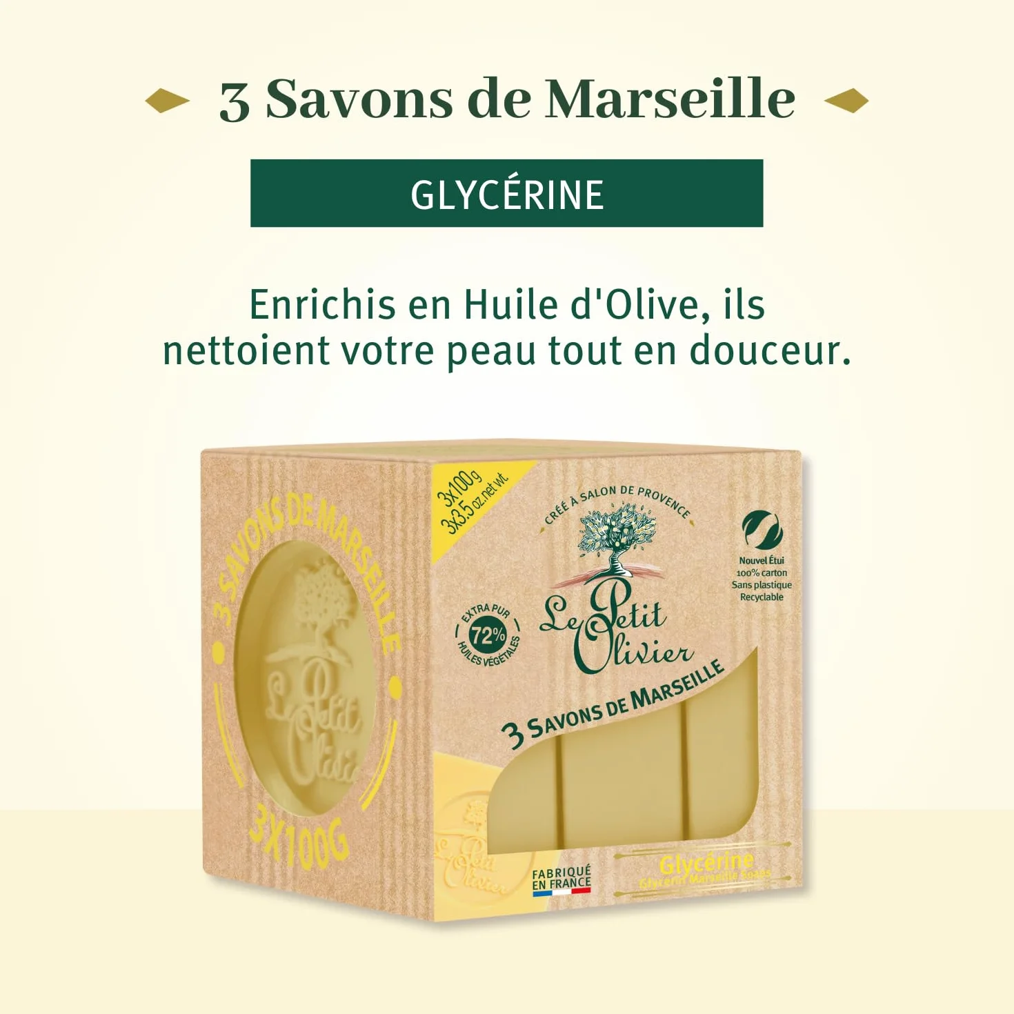 LE PETIT OLIVIER 3 Savons de Marseille Glycérine Parfum Grasse Fabriqué en France 3x100g