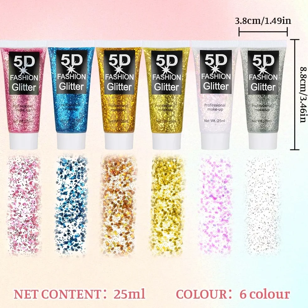 Gel Paillettes Visage 6PCS 25g Paillette Cheveux Corps Liquide Cosmétique Lèvres Ongles Festival Fête Maquillage Décoration