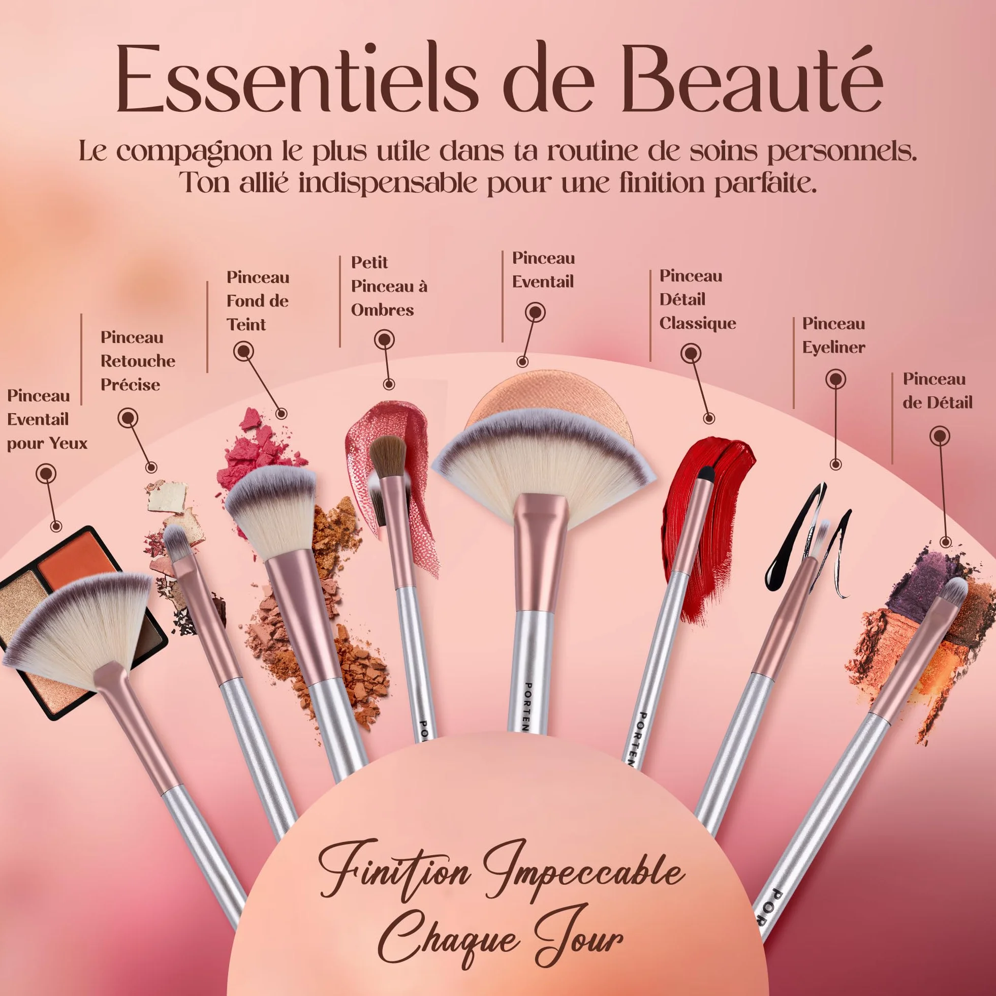 PORTENTUM Pinceaux maquillage Lot de 18 avec étui de voyage Kabuki fibre synthétique fond de teint