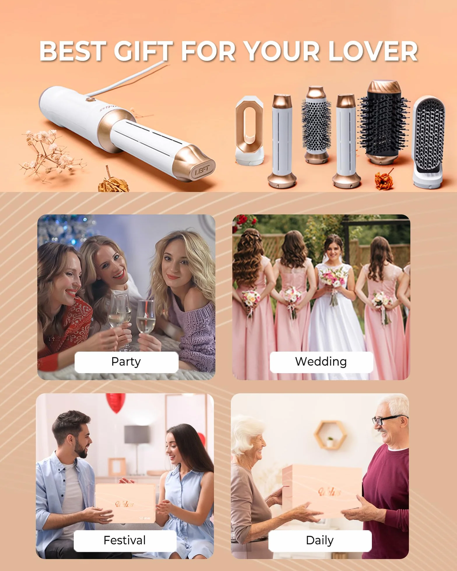 UKLISS Airbrush 6 en 1 Sèche Cheveux Professionnel 1000W Boucleur Automatique Brosse Soufflante Blanc