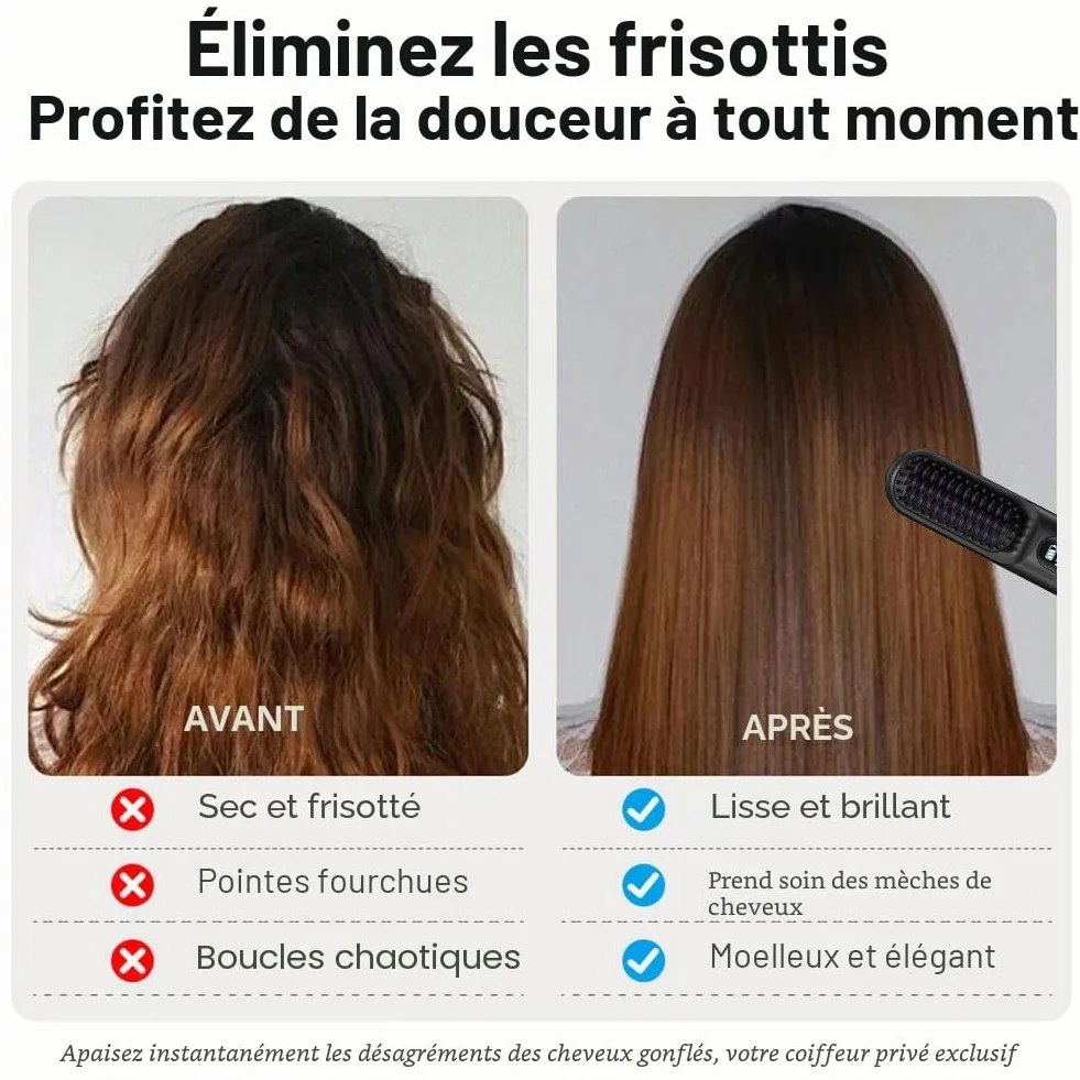 Brosse à Cheveux électrique sans fil Rechargeable Chauffante avec affichage LED 3 Niveaux de Température Lisser Boucler