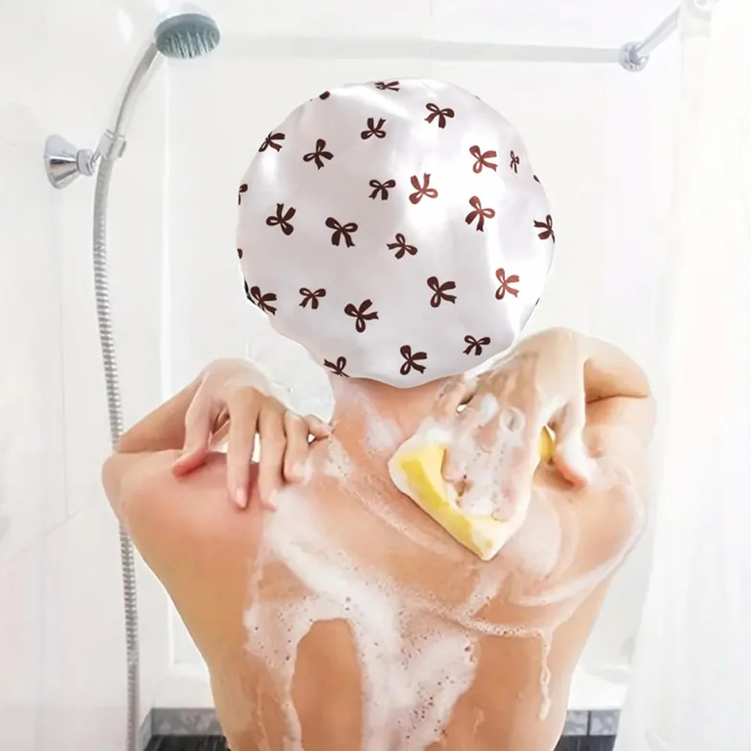 Bonnet de douche étanche en satin élastique réutilisable à double couche pour dormir (Rosa, Blanc, Or)