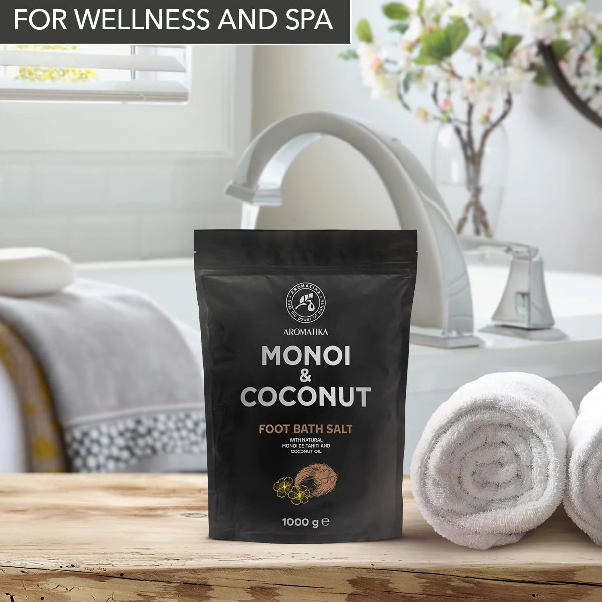 Sel de Bain pour Pieds Monoï de Tahiti & Coco 1000g - Huile de Monoï de Tahiti et Coco - Bain pour Pieds au Sel de Mer Naturel - Aromathérapie