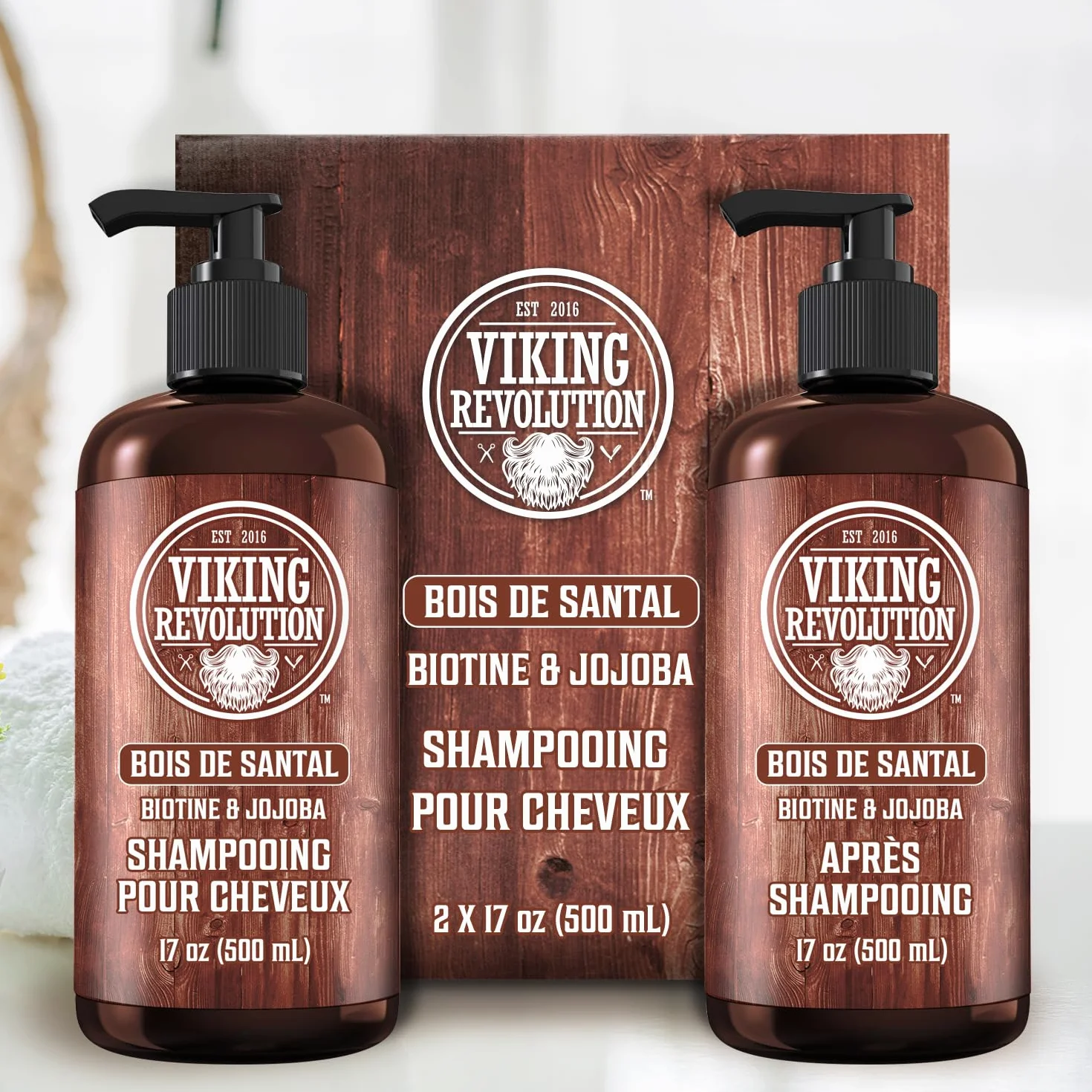 Viking Revolution - Ensemble Shampoing et Après-Shampoing Homme - 2 x 500 ml - Hydrate et Renforce - 100% Naturel avec Vitamine B5 et Huile de Jojoba - Bois de Santal