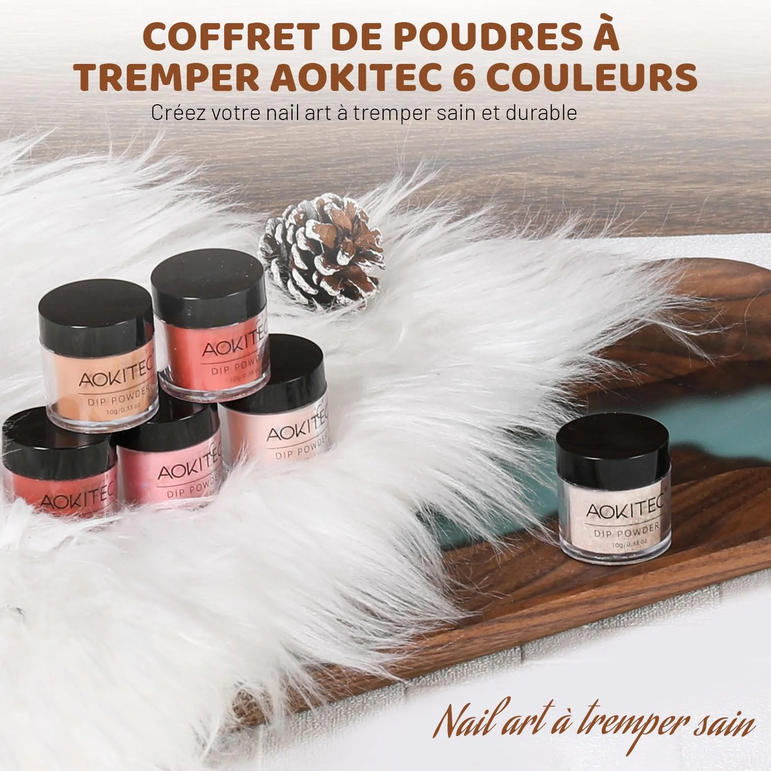 Aokitec Poudre à tremper 6 couleurs, poudre à ongles, nail art, ongles français, pas besoin de lampe