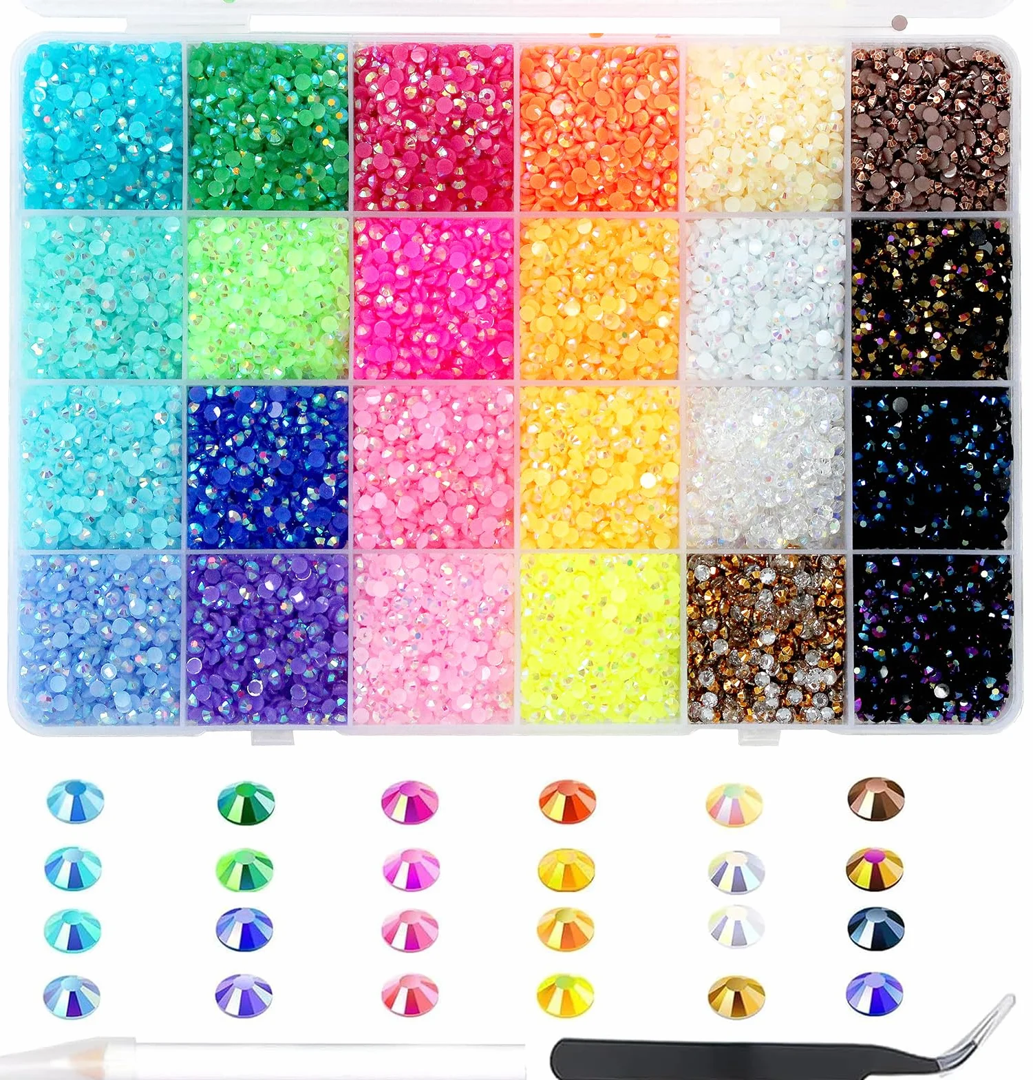 BetterJonny 24000Pcs Strass Ongle Nail Art 24 Couleurs 3mm Cristal Diamants à Dos Plat avec Pincette et Stylo Pointeur