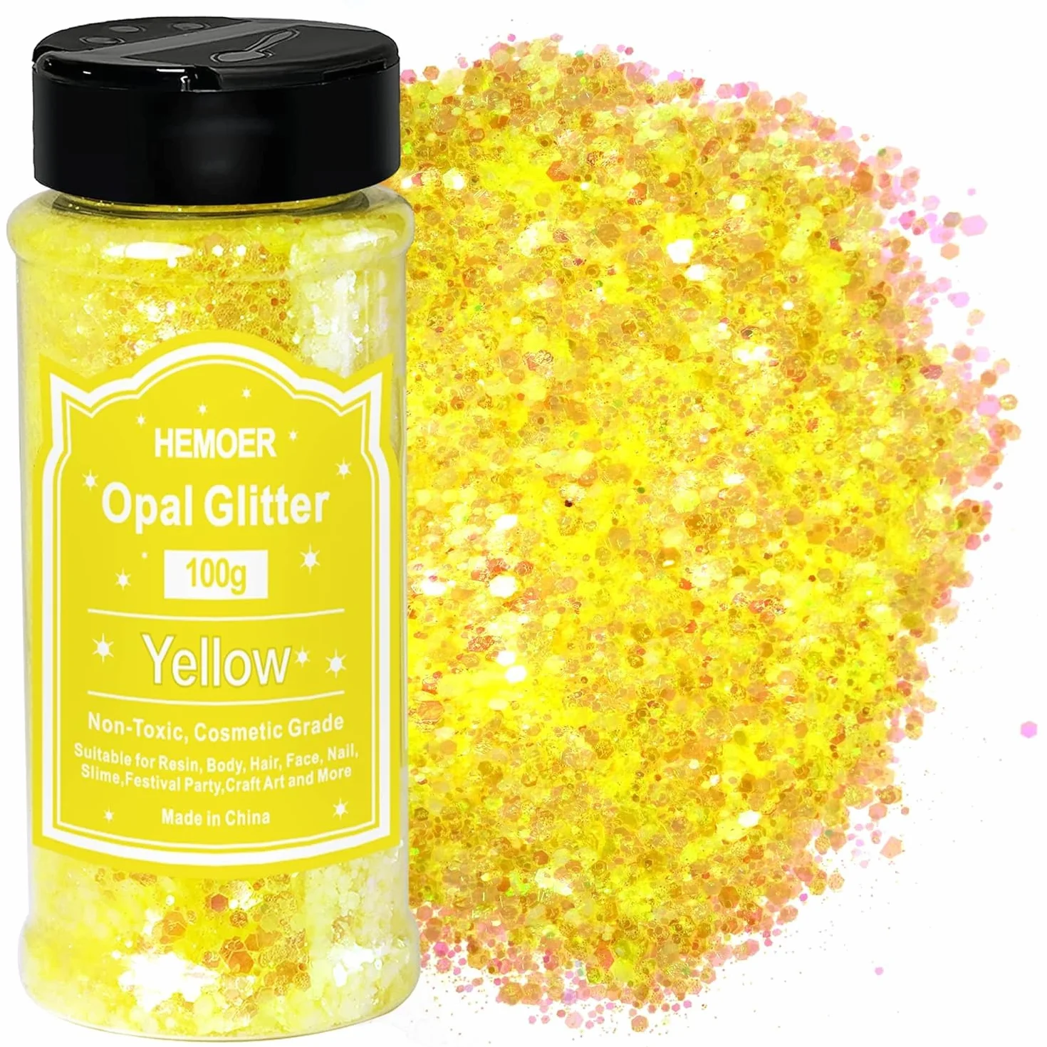 HEMOER Paillettes jaunes opales 100 g Poudre pailletée pour résine ongles artisanat fêtes