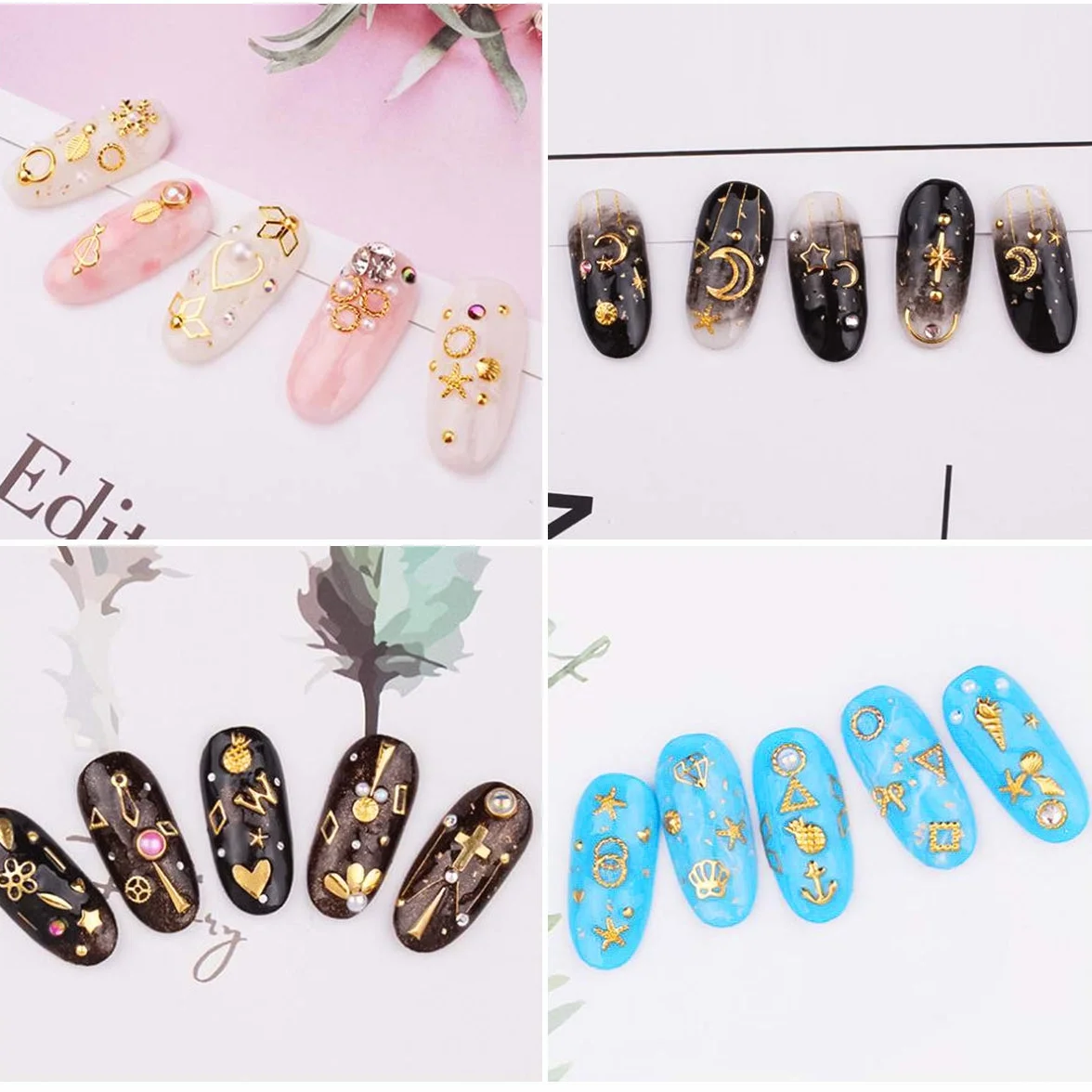 Nail Art Stud 3D Décoration Strass Métal Rivets Étoile Lune Soleil Coeur Mixte 4 Boîtes