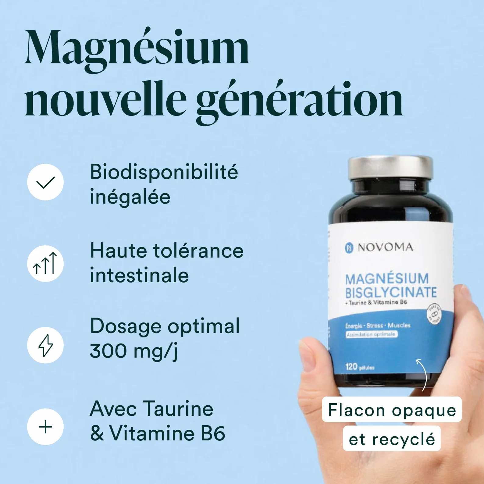 NOVOMA Magnésium Bisglycinate Taurine Vitamine B6 300mg 120 gélules Fatigue Stress Fabriqué en France