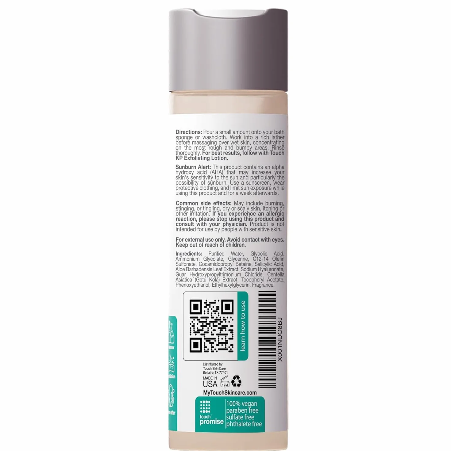 TOUCH Nettoyant Corporel Exfoliant pour Kératose Pilaris – Gel Douche KP avec 15% d’Acide Glycolique, Aloe Vera et Acide Hyaluronique – 226 Grammes