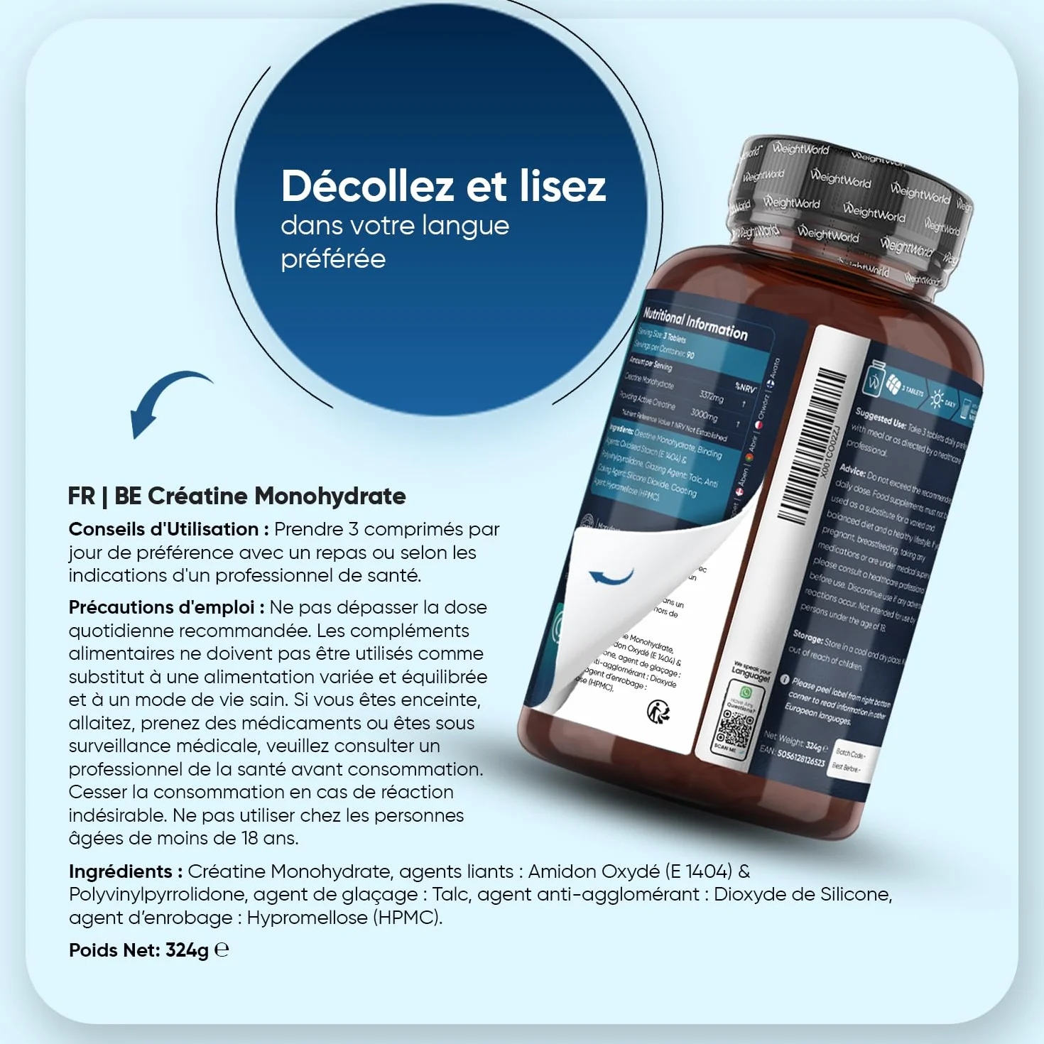 Creatine Monohydrate 270 comprimés Vegan 3000mg par Portion 3 Mois d'approvisionnement sans OGM