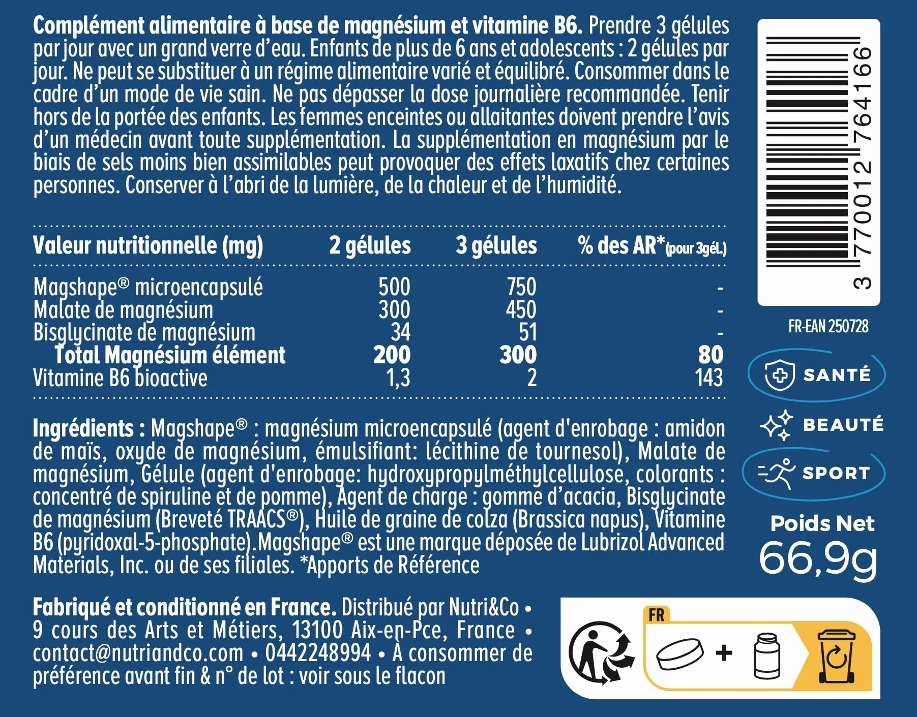 NUTRI & CO Magnésium Bisglycinate Malate & Liposome + Vitamine B6 300mg/j Haute Absorption 120 gélules Fabriqué en France