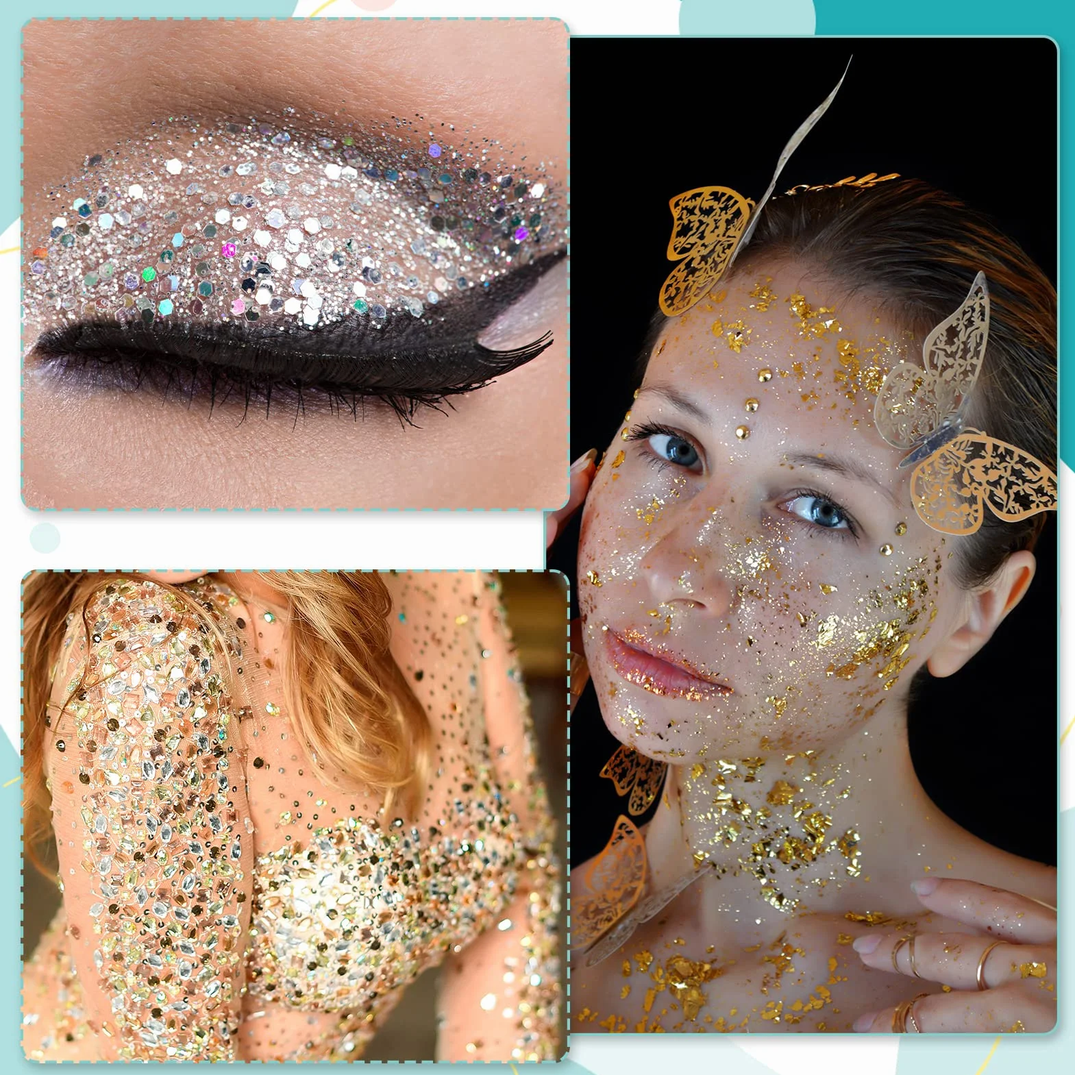 48 Couleurs Paillettes Holographiques Poudre Brillante pour Maquillage Visage Ongles Cheveux Fête DIY