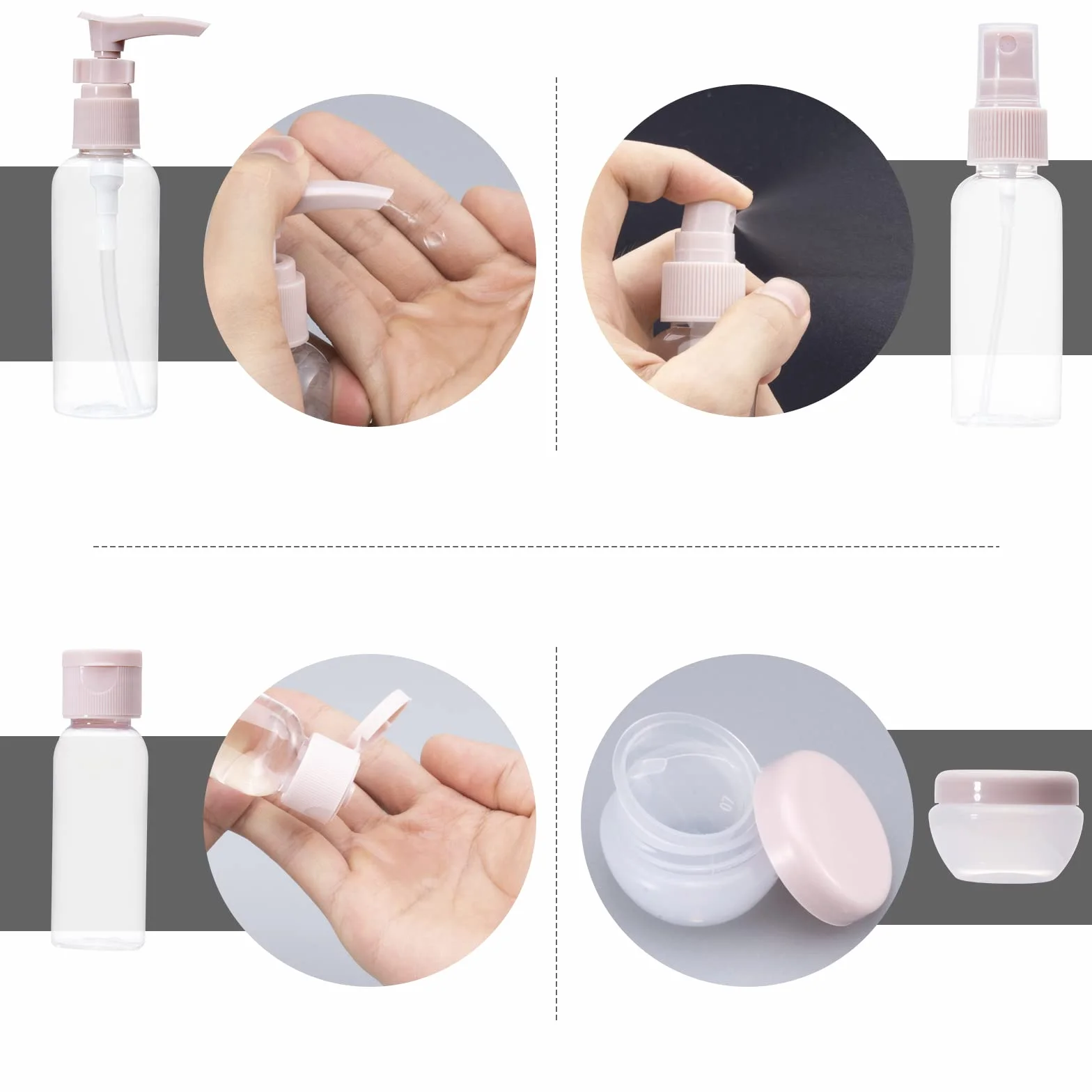 Lot de 11 Flacons Voyage 30/50/60/80ml, Contenants à Remplir Transparents avec Distributeur à Pompe, Kit Accessoire Avion