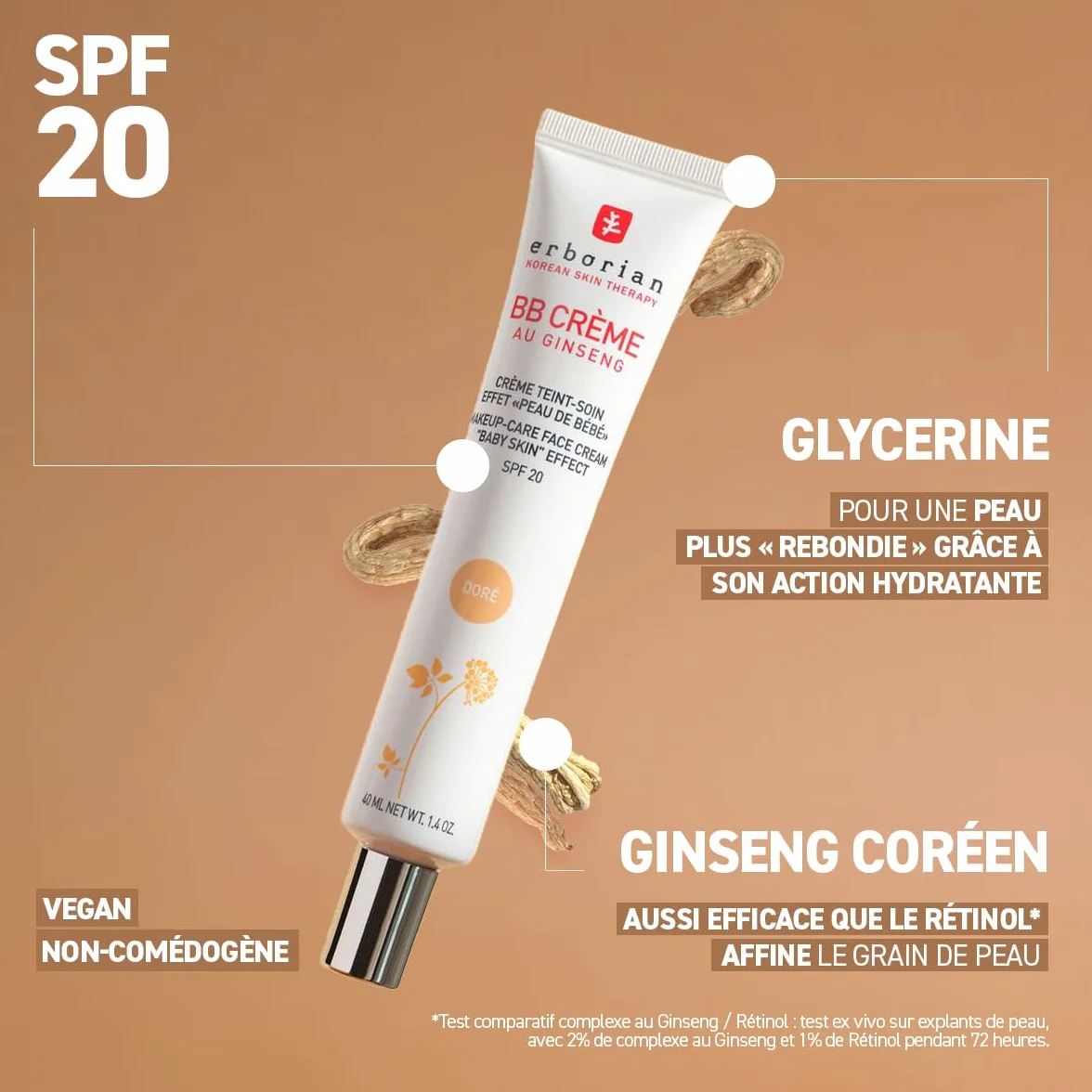 Erborian BB Crème au Ginseng 5-en-1 Soin Teinté Perfecteur SPF 20 Fond de Teint Couvrant