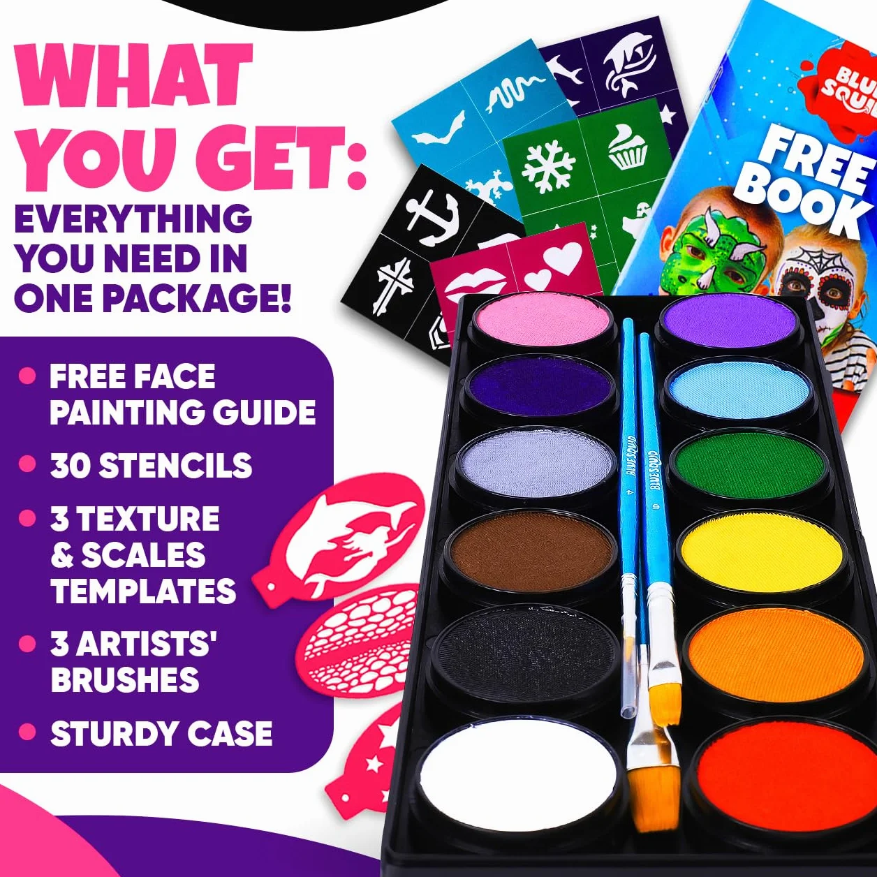 Palette de Maquillage Enfant Visage, Blue Squid, Palette de 12 couleurs, 30+3 pochoirs ,120ml de peintures corporelles de qualité professionnelle, pinceaux, peinture de maquillage pour Halloween