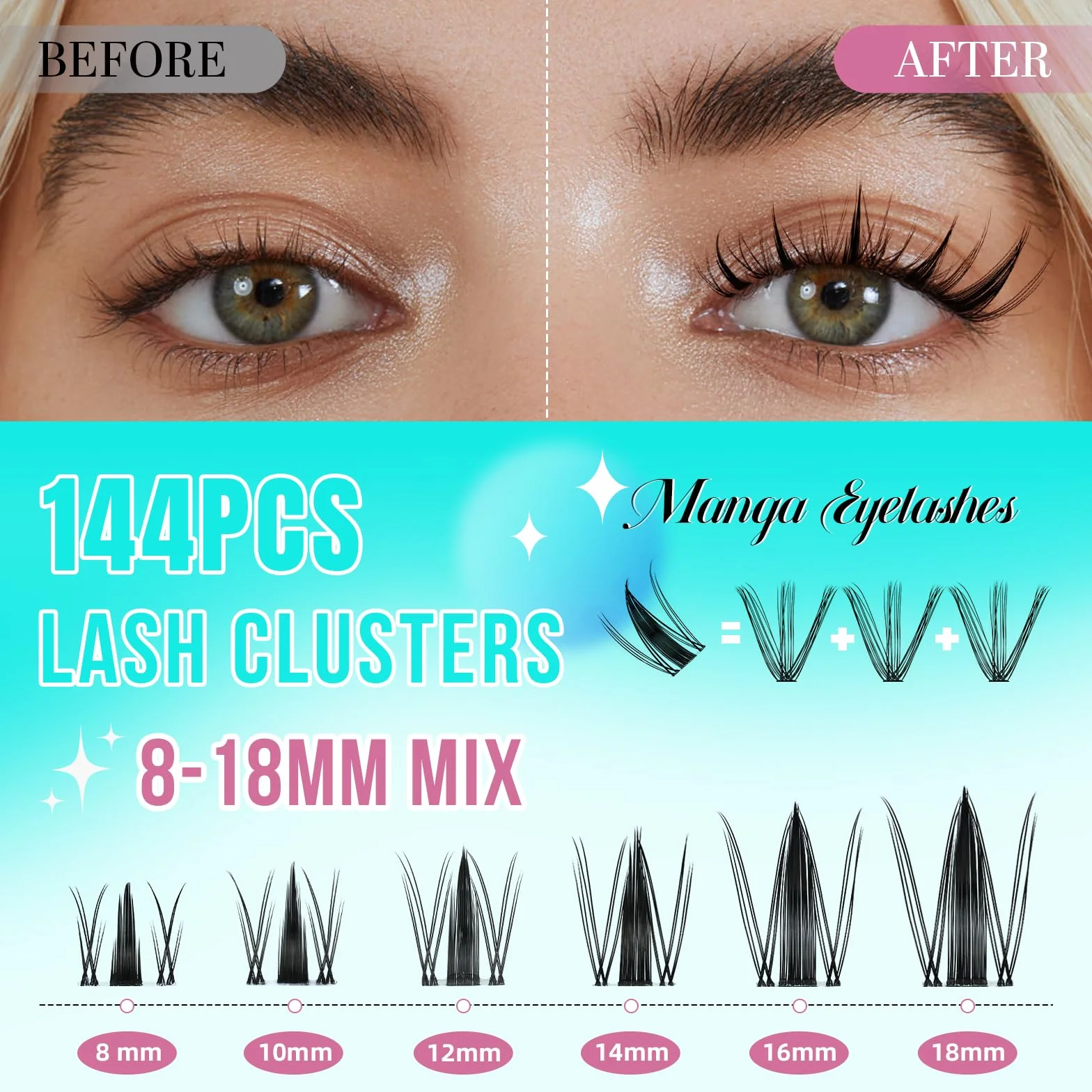 Manga Lashes Lot de 144 extensions de cils de fée avec fixation et sceau, extracteur et applicateurs de cils (8-16 mm, Black Bond)
