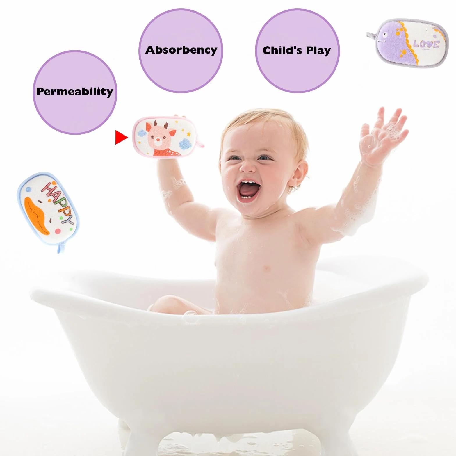 Éponges de Bain pour Bébés 4 Pièces, Naturelles, Trois Couches de Protection