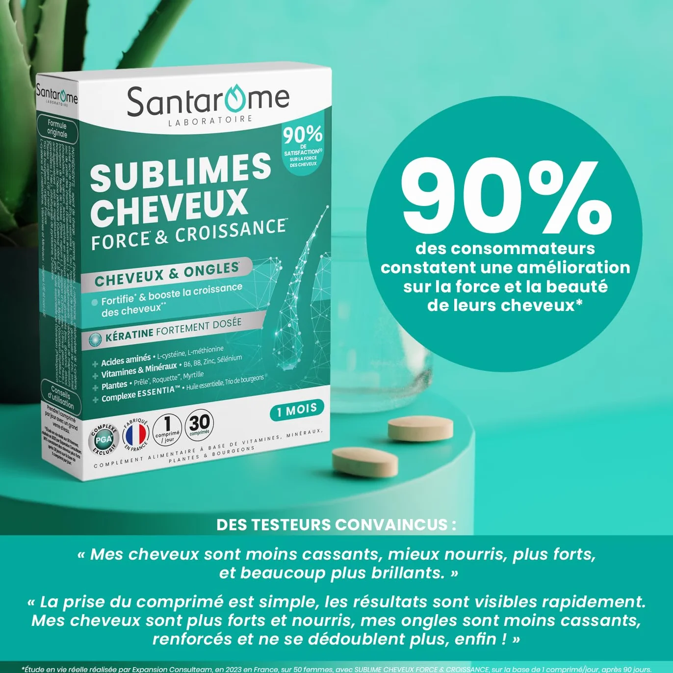 Santarome Sublimes Cheveux Force & Croissance Complément alimentaire pousse cheveux ongles Vitamines B6 B8 Roquette Myrtille 30 comprimés